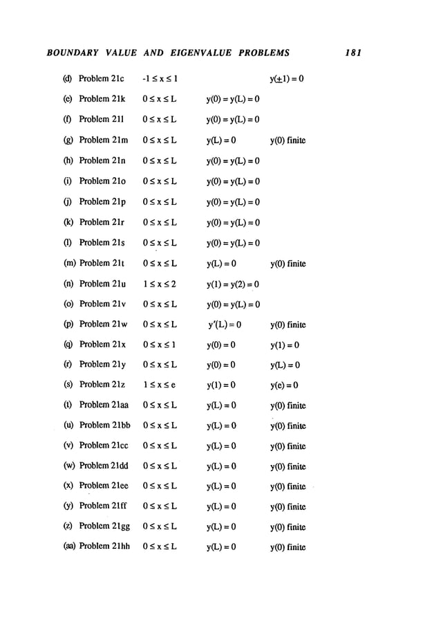 BOUNDARY VALUE AND EIGENVALUE PROBLEMS 181
(d) Problem 21c -1 <x < 1 y(~_l) =
(e) Problem 21k 0 < x < L y(O)= y(L)
(f) Problem 211 0 < x < L y(O)= y(L)
(g) Problem 21m 0 < x < L y(L) = y(O)finite
(h) Problem 21n 0 < x < L y(O)-- y(L)
(i) Problem 21o 0 < x < L y(O)= y(L)
(j) Problem 21p 0 < x < L y(O)= y(L)
(k) Problem 21r 0 -< x _<L y(O)= y(L)
(1) Problem 21s 0 < x < L y(O)= y(L)
(m) Problem 21t 0 < x _<L y(L) = y(O)finite
(n) Problem 21u 1 < x < 2 y(1) = y(2)
(o) Problem 21v 0 < x _<L y(O)= y(L)
(p) Problem 21w 0 < x _<L y’(L) = y(O)finite
(q) Problem 21x 0 <x _<1 y(O)= y(1)--
(r) Problem 21y 0 < x _<L y(O)= y(L) =
(s) Problem 21z 1 < x < e y(1) = y(e) =
(t) Problem 21aa 0 <x _<L y(L) = y(O)finite
(u) Problem 21bb 0 <_x < L y(L) = y(O)finite
(v) Problem 21cc 0 < x < L y(L) = y(O)finite
(w) Problem 21dd 0 < x < L y(L) = y(O)finite
(x) Problem 2lee 0 < x < L y(L) = y(O)finite
(y) Problem 21ff 0 < x < L y(L) = y(O)finite
(z) Problem 21gg 0 < x < L y(L) = y(O)finite
(aa) Problem21hh 0 < x < L y(L) = y(O)finite
 