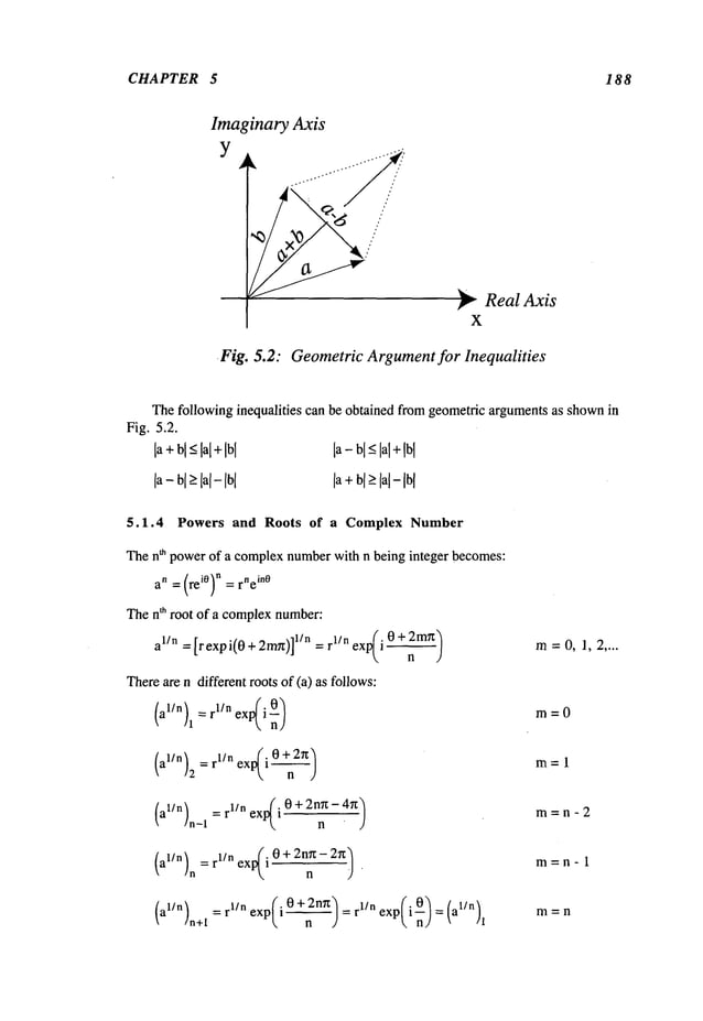 CHAPTER 5 188
Imaginary Axis
Y
~.- Real Axis
X
¯ Fig. 5.2: Geometric
Argument
for Inequalities
Thefollowing inequalities can be obtained from geometricargumentsas shownin
Fig. 5.2.
[a+b[_<
la[
+Ibl [a- b[<[a
I+Ibl
[a - b[>[a[-[hi [a+b[>[a[-Ib[
5.1.4 Powers and Roots of a Complex Number
Then~ powerof a complexnumberwith n being integer becomes:
an = (rei°) n =rne
in°
Thenth root of a complexnumber:
Thereare n different roots of (a) as follows:
al/n =rl/n exp(i n0--
) /1
al/n/ rl/n (. 0+ 2rt~
/2--
al/n = rl/n exp(i 0 + 2nTz-.47z.)
In-1 n
(al/n)n =rl/nexp(i0+2~-2~)
al/n/ =rUn (. 0+2n~t’~ (_~) = (al/n
/
/n+! exp~l--~-~-) = 1/n expi , ,1
m=0, 1,2 ....
m=0
m=l
m=n
 