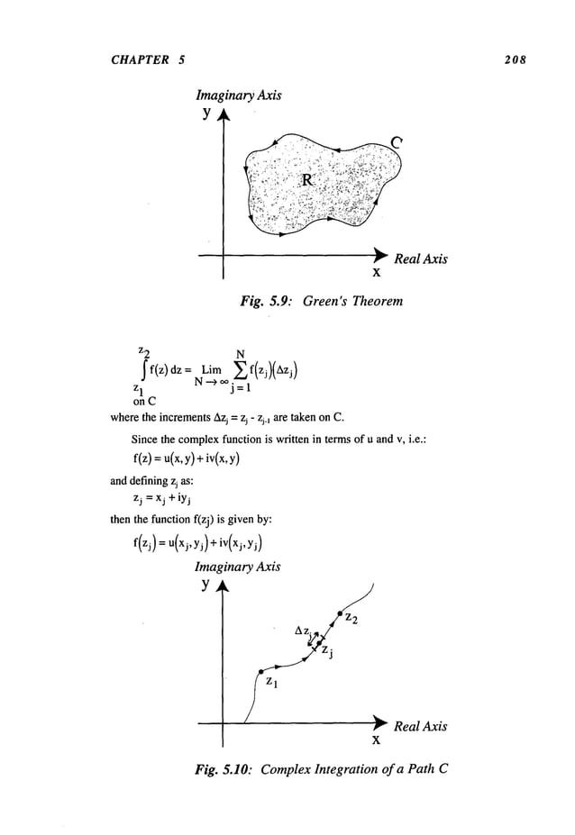 CHAPTER 5 208
;tnary Axis
~’- Real Axis
X
Fig. 5.9: Green’s Theorem
z2 N
N’-->~ ¯
z
1 J=l
on C
wherethe incrementsAzj =zj - zj.~ are takenon C.
Sincethe complex
function is written in terms of u and v, i.e.:
f(z) = u(x, y)+ iv(x,
anddefiningz~as:
zj = xj +iyj
then the functionf(zj) is givenby:
f(zj) =u(xj, yj) +iv(xj,
Imaginary Axis
Y~t
~" ReaI Axis
X
Fig. 5.10: ComplexIntegration of a Path C
 