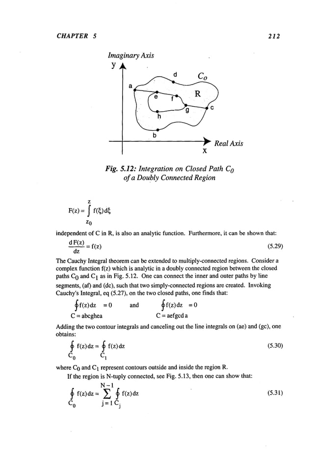 CHAPTER 5 212
Imaginary Axis
Y
b
~" Real Axis
X
Fig. 5.12: Integration on Closed Path C
O
of a DoublyConnectedRegion
z
= I f(~)d~
F(z)
z0
independentof Cin R, is also an analytic function. Furthermore,it can be shown
that:
d F(z)
- f(z) (5.29)
dz
TheCauchyIntegral theoremcan be extended to multiply-connectedregions. Consider a
complex
function f(z) whichis analytic in a doublyconnectedregion betweenthe closed
paths C
Oand C1 as in Fig. 5.12. Onecan connect the inner and outer paths by line
segments,(af) and (dc), such that twosimply-connected
regions are created. Invoking
Cauchy’s
Integral, eq (5.27), on the twoclosedpaths, onefinds that:
~f(z)dz and ~f(z)dz
C = abcghea C = aefgcd a
Adding
the twocontourintegrals and cancelingout the line integrals on (ae) and (gc),
obtains:
~ f(z)dz = ~ f(z)dz (5.30)
C0 C
1
whereC
Oand C
1 represent contours outside and inside the region R.
If the region is N-tuplyconnected,see Fig. 5.13, then one can showthat:
N-1
~ f(z)dz= Z ~ f(z)dz
C
o j = I Cj
(5.31)
 