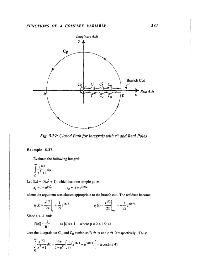 FUNCTIONS OF A COMPLEX VARIABLE 261
Ima~maryAxis
Y
CR
Co o ci ci c~ / ~
J " ~ ~~~~--r Real Axis
R R X
Fig. 5.29: ClosedPath for Integrals with xa and Real Poles
Example 5.27
Evaluatethe followingintegral:
~
xl/2
x--~S+
1
dx
0
Let f(z) = 1/(z2 + 1), whichhas twosimplepoles:
zI =i =ein/2 z2 =-i =e
3ird2
wherethe argumentwaschosenappropriate to the branch cut. Theresidues become:
z1/2 1__ ei~/4 z1/2 = _ 1__e3ir~/4
q(i) =-~zi = 2i r2(i) =-~-z
2i
Since a > -1 and:
1
If(z)l as [z] >> 1 where p = 2 > 1/2 +1
R
p
then the integrals on C
Rand C
Ovanishas R--> ,~ and e --> 0 respectively. Thus:
~ x1/2 = 2~:i. r~l (ei;~/4 -e3in/4)]--~cos(~14)
~
x-~+l dx 1-e
rt~L2i"
-
0
 