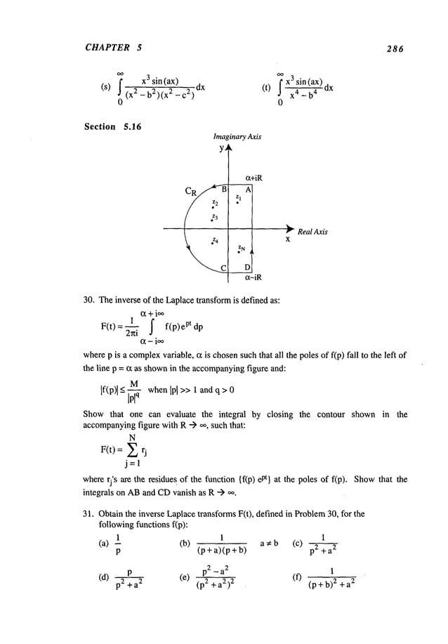 CHAPTER 5 286
(s)
x3sin (ax)
f (x2 ~-c
2 )
0
dx (t)
f x3__sin
(ax)
,) X4 _ b
4
0
Section 5.16
Imaginary Axis
y~
~+iR
iR
~’- RealAxis
X
30. Theinverse of the Laplacetransformis defined as:
ct +i~o
1
F(t)=-- | f(p)e
pt dp
2~zi J
wherep is a complex
variable, ~ is chosensuch that all the poles of f(p) fail to the left
the line p = ~t as shownin the accompanying
figure and:
M
If(p)l _<wh
en Ipl >>
1 andq > 0
Showthat one can evaluate the integral by closing the contour shown in the
accompanying
figure with R--) ~o, such that:
N
F(t) = Z
j=l
whererj’s are the residues of the function {f(p) t} atthepoles of f (p). Show
that the
integrals on ABand CDvanish as R --)
31. Obtainthe inverse LaplacetransformsF(t), defined in Problem30, for the
followingfunctions tip):
1 1 1
(a)--p
(b) (p+a)(p+b) a~b (c) pZ+a
~
p p2 _ a2 1
(d) "p2 + 2 (e) (p2 2 )2 (f) (p + b)22
 
