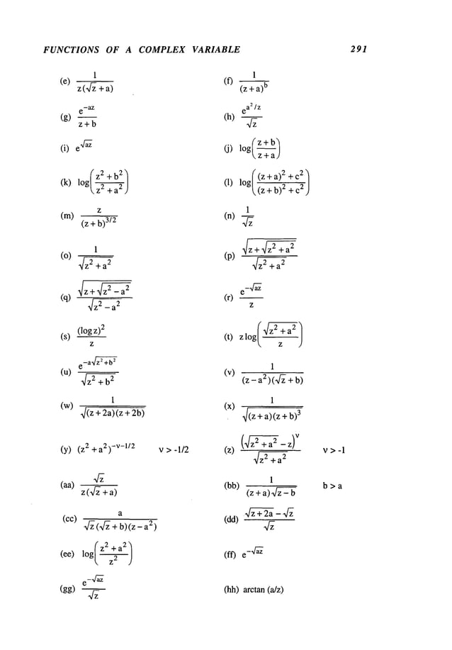 FUNCTIONS OF A COMPLEX VARIABLE 291
1
(e)
z(~H
+a)
e-aZ
(g)
z+b
z
(m)
(z +b)
3/2
1
(o) 2 + a2
(s) (l°g z)2
z
1
(w)
~/(z +2a)(z +
(y) 2 +a2)
-v-l /2
(aa)
z(qT+a)
a
(CC) ff~(~f~+ b)(z_a2)
10 (z2 +a2"~
(ee) g~)
e_4"-~
~
(gg) 4~-
v > -1/2
1
(f)
(z +a)
b
e
a2/z
(h)
(j) log( z+ b
/
z+a]
(~z
z + a)2 +c
2
(1) log
+ b)2 + c
2
1
(n) ~zz
~/z + ~z2 +a
2
(P) 2 + a2
e-4-~
(r)
z
1
(v)
(z - a2)(ff~ +
1
(x) ~/(z + a)(z 3
1
(bb)
(z + a)
(dd)
(ff) e-4-~
(hh) arctan (a/z)
V>-I
b>a
 