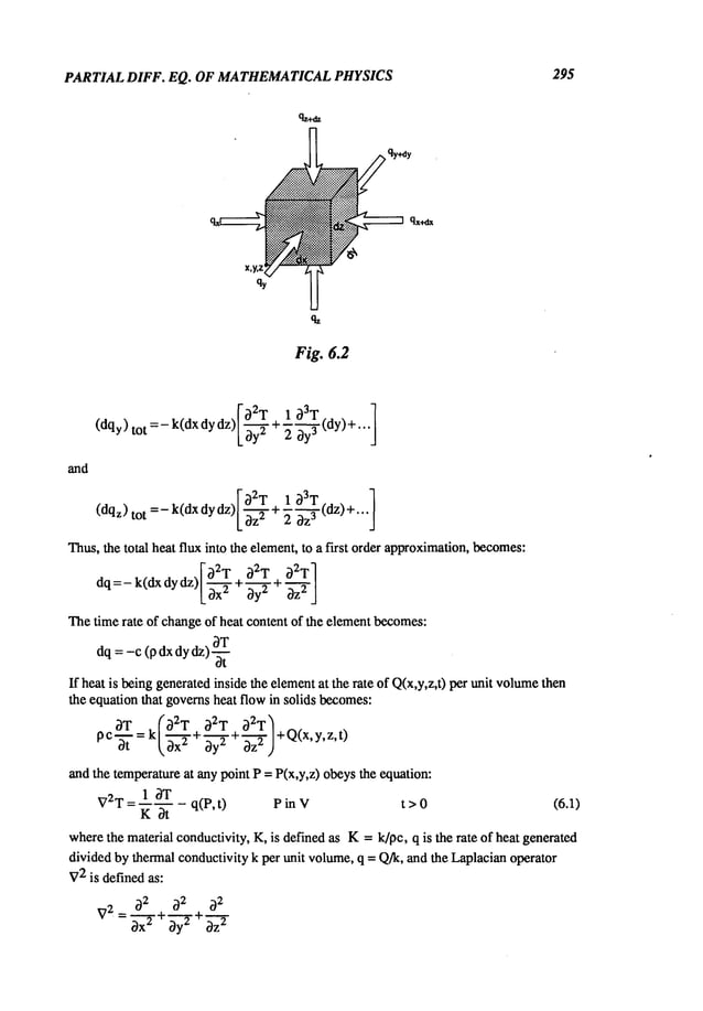 PARTIAL DIFF. EQ. OF MATHEMATICALPHYSICS
qy+dy
295
qy
Fig. 6.2
and
tot L~z ~- ~-~-(dz) +...
Thus,the total heat flux into the element,to a first order approximation,
becomes:
02T 02T
dq:- k(dx dy dz) ( ~-~-~- +0-~+02T]
Thetime rate of changeof heat content of the elementbecomes:
dq = -c (p dx dy dz) 5
ot
If heat is beinggeneratedinside the elementat the rate of Q(×,y,z,t) per unit volume
then
the equation that governsheat flow in solids becomes:
0T k(02T+02T 02T’/
pc-~-=(,b--~-
3-~+3-~’J
+Q(x’y’z’t)
and the temperatureat any point P = P(x,y,z) obeysthe equation:
VZT
= 10T_ q(p, t) e in v t >0 (6.1)
K0t
wherethe material conductivity, K,is defined as K= k/pc, q is the rate of heat generated
divided by thermalconductivity k per unit volume,q = Q/k, and the Laplacianoperator
V
2 is definedas:
 