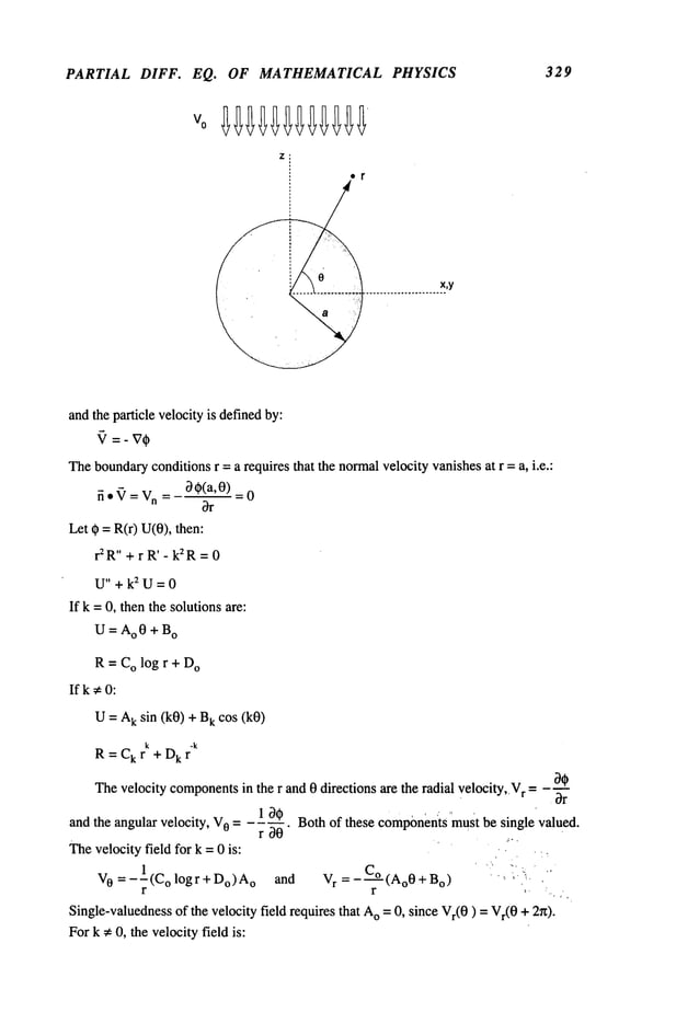 PARTIAL DIFF. EQ.
V
o
OF MATHEMATICAL PHYSICS 329
andthe particle velocity is definedby:
Theboundary
conditionsr = a requires that the normalvelocity vanishesat r =a, i.e.:
0 ¢(a, 0) =
Let # = R(r) U(0), then:
r2R" + r R’_ k2R= 0
U"+k2U=0
If k = 0, then the solutions are:
U=Ao0+B
0
R= C
o log r + D
o
If k ~ 0:
U= A
k sin (kO) + k cos ( kO)
R = Ck r k + D
k r
"k
Thevelocity components
in the r and 0 directions are the radial velocity, V
r =
Both of these components
must be single valued.
and the angular velocity, V
0 = .
r O0
Thevelocity field for k = 0 is:
1
V
0 = --’(C O logr + Do)Ao and V
r = -’° (Ao0 + Bo)
Single-valuednessof the velocity field requires that A
o = 0, since Vr(0) =Vr(0+ 2n).
Fork ;~ 0, the velocityfield is:
 