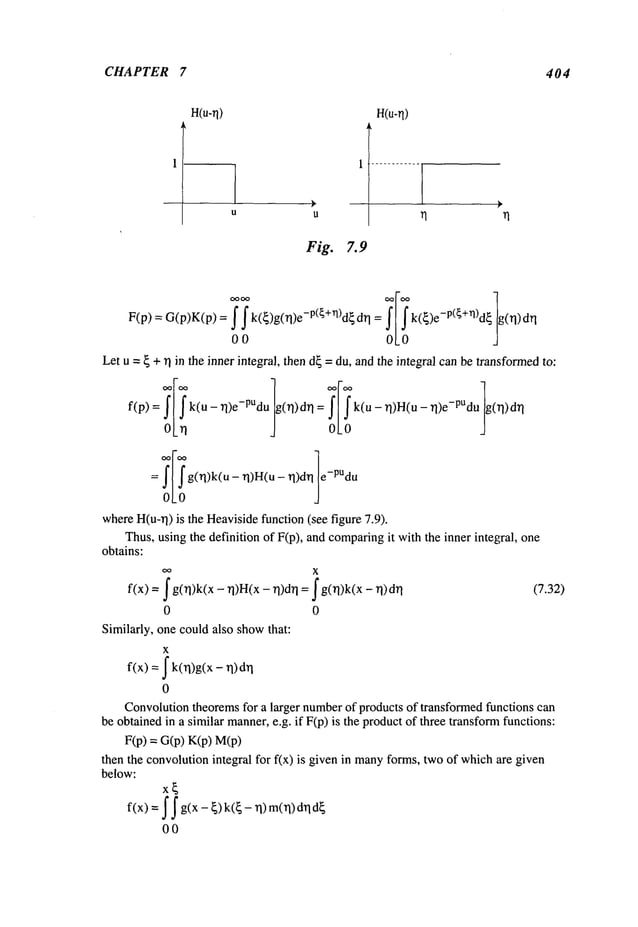 CHAPTER 7 404
H(u-rl) H(u-rl)
u u
Fig. 7.9
F(p) = G(p)K(p) = f f k(~)g(n)e-P(~+Vl)d~ I k(~)e
- g(n)dn-
-
O0
Let u =~ + n in the inner integral, then d~ = du, and the integral canbe transformedto:
f(p) k(u - rl)e-PUdu g(rl)dr I = k(u - rl)H(u - ~l)e-pUdug(rl)drl
oLn OLO
e-PUdu
0k0
whereH(u-~)is the Heavisidefunction (see figure 7.9).
Thus,usingthe definition of F(p), and comparing
it with the inner integral, one
obtains:
X
f(x) = J g(~)k(x - n)H(x - ~)d~ = ~ g(~)k(x - ~)d~
0 0
Similarly, one could also showthat:
x
f(x) = J k(~)g(x -
0
Convolutiontheoremsfor a l~ger numberof products of transfo~ed functions can
be obtainedin a similar manner,e.g. if F(p) is the productof three transfomafunctions:
F(p) = G(p) K(p)
then the convolutionintegral for f(x) is given in manyforms, two of which~e given
below:
x~
f(x)= ~ ~ g(x - {) k({- ~) m(~)d~
00
 