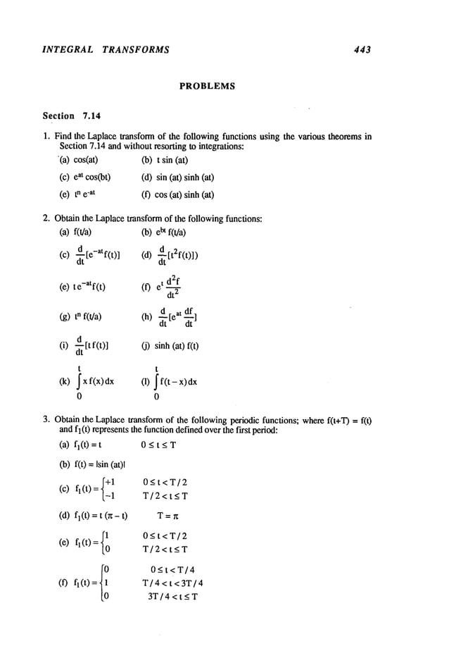 INTEGRAL TRANSFORMS 443
PROBLEMS
Section 7.14
1. Find the Laplacetransform of the following functions using the various theoremsin
Section7.14 and withoutresorting to integrations:
(a) cos(at) (b) t sin (at)
(c) at cos(bt) (d) sin (at) sinh
(e) n e-at (f) cos (at) sinh
2. Obtain the Laplacetransform of the following functions:
(a)f(t/a) (b)uf(t/a)
(c) d~t[e-atf(t)] (d) d~t[t2f(t)])
(e) te-atf(t) (f) t d 2f
dt
2
d [ at df
(g) n fit/a) (h) ~- e ~-]
(i) 4[t f(t)] (j) sinh(at)
(k)
t t
~x f(x)dx (1) ~f(t- x)dx
0 0
3. Obtainthe Laplacetransform of the following periodic functions; wheref(t+T) -- f(t)
andfl(t) representsthe functiondefinedoverthe first period:
(a) fl(t) 0 < t < T
(b)f(t) Isin (at)l
{+:
0<t<T/2
(c) fl(t)=_
W/2<t<T
(d) fl(t) =t (r~- T =r~
1 0<t<T/2
(e) fl(t) -
0 T/2<t<T
i
0_<t<T/4
(f) f~(t) T/4<t<3T/4
3T/4<t<T
 