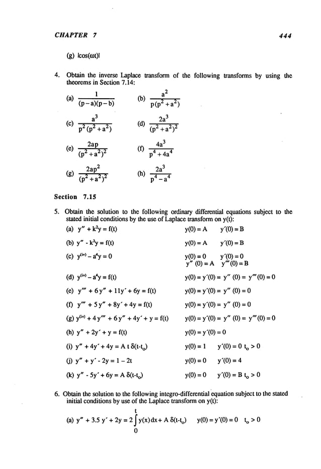 CHAPTER 7 444
(g) Icos(tot)l
Obtain the inverse Laplace transform
theoremsin Section 7.14:
of the following transforms by using the
1 a
2
(a) (p-a)(p-b) (b)
a3 2a
3
(C) p2 (p2 2) (d) (p2 +a2)2
2ap 4a
3
(e) (p2+a2)2 (f)
2ap 2 2a
3
(g) (p2+a2)2 (h) 4
Section 7.15
5. Obtain the solution to the following ordinary differential equations subject to the
stated initial conditionsby the use of Laplacetransformon y(t):
(a)y"+ kZy= f(O y(O)
= y’(O)
=
(b) y" - k2y=f(t) y(0) = y’(0) =
(c) ytl,) _ a’y = 0 y(0) = 0 y’(0)
y" (0) = A y"(0)
(d)
y¢i’)
-a4y =f(0
(e) y" +6y" + 11y’+6y=f(0
(f) y" + 5y" +8y’+4y=f(0
(g) y(i~) + 4 y" + 6 y" + 4y" + y =
(h) y" 2y" + y = f(
(i) y"+ 4y"+4y = At 15(t-t
o)
(j) y" +y’-2y= 1-2t
(k) y" - 5y" + 6y = A8(t-to)
y(0)=y’(0)= y"(0) =y"(0)
y(0)=y’(0)=y"(0)
y(0)=y’(0)=y"(0)
y(0)=y’(0)= y"(0) =y"(0)
y(0)=y’(0)
y(0) = y’(0) = 0 o >0
y(0) = y’(0) =
y(0) = y’(0) = Bo >0
6. Obtainthe solution to the followingintegro-differential equationsubject to the stated
initial conditionsby use of the Laplacetransformon y(t):
t
3.5 y" + 2y = 2~y(x)dx+A ~5(t-t
o)
y(0) = y’(0) = o > 0
(a)y,, +
0
 