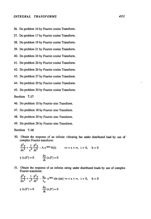 INTEGRAL TRANSFORMS 451
36. Do problem
37. Do problem
38. Do problem
39. Do problem
40. Do problem
41. Do problem
42. Do problem
43. Do problem
44. Do problem
45. Do problem
Section 7.17
46. Do problem
47. Do problem
48. Do problem
49. Do problem
Section 7.18
50.
51.
16 by Fourier cosine Transform.
17 by Fourier cosine Transform.
19 by Fourier cosine Transform.
21 by Fourier cosine Transform.
24 by Fourier cosine Transform.
26 by Fourier cosine Transform.
26 by Fourier cosine Transform.
27 by Fourier cosine Transform.
29 by Fourier cosine Transform.
30 by Fourier cosine Transform.
10 by Fourier sine Transform.
18 by Fourier sine Transform.
20 by Fourier sine Transform.
28 by Fourier sine Transform.
Obtain the
complexFourier transform:
~2y 1 ~2y . A e"b~xl H(t)
y (x,0÷) = 0 ~ (x,0÷) = 0
dt
response of an infinite vibrating bar under distributed load by use of
-~<x<~,, t>0, b>0
Obtain the response of an infinite string underdistdbutexl loads by use of complex
Fourier transform:
O2y 1 O2y qo e.~Xlsin(cot) <x<~,, t>0, b>0
Ox
2 ~’~ Ot2 ’1:
o
y (x,O
÷) = 0 ~ty (x,O
÷) =0
 