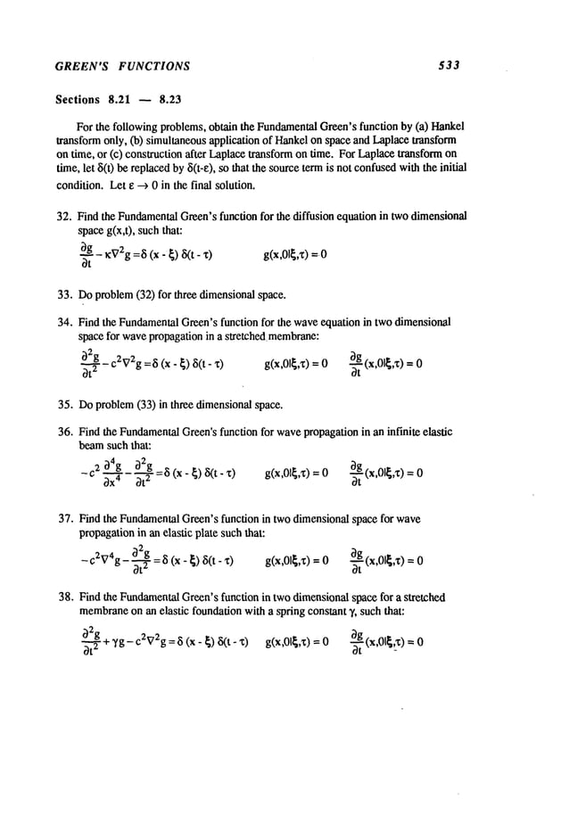 GREEN’S FUNCTIONS 533
Sections 8.21 -- 8.23
For the following problems, obtain the Fundamental
Green’sfunction by (a) Hankel
transform only, (b) simultaneousapplication of Hankelon space and Laplacetransform
on time, or (c) consWaction
after Laplacetransform on time. For Laplacetransform
time, let ~i(0 be replacedby ~(t-e), so that the sourceterm is not confusedwiththe initial
condition. Let e --> 0 in the final solution.
32. Find the Fundamental
Green’sfunction for the diffusion equation in twodimensional
space g(x,0, such that:
-~t- ~v2g =5 (x -~) ~(t- ’0 g(x,01~,Z)
33. Doproblem(32) for three dimensionalspace.
34. Find the Fundamental
Green’sfunction for the waveequation in twodimensional
space for wavepropagationin a stretched.membrane:
OZg _2~2_ e 3g(x,01~,.
0
v s :o ’0 g(x,Ol
,,O=o-ff =o
35. Doproblem(33) in three dimensionalspace.
36. Find the Fundamental
Green’sfunction for wavepropagationin an infinite elastic
beamsuch that:
c2 04g 02g =8 (x- ~) 8(t- g(x,01~,x)= ~.-~g(x,01~,x)
=
- ~ 0t
2 at
37. Find the Fundamental
Green’s function in two dimensionalspace for wave
propagationin an elastic plate such that:
02g
=8 (x- ~) fi(t- g(x,01~,x)= ~ (x,01~,x) =
2~4
-c v g- ~-~-
dt
38. Find the Fundamental
Green’sfunction in twodimensionalspace for a stretched
membrane
on an elastic foundationwith a spring constant ~/, such that:
~)2g + ~/’g _ C2V2g= ~ (x- ~) ~5(t-
g(x,Ol~,1;) = ~ (x,OI~,X) =
~t
2 dt -
 