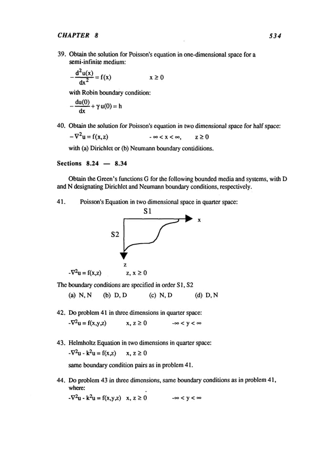 CHAPTER 8 534
39. Obtainthe solution for Poisson’s equation in one-dimensional
space for a
semi-infinite medium:
d2u(x)
dx2 = f(x) x _>0
with Robin boundarycondition:
du(O)
- ~-4- y u(0) =
40. Obtainthe solution for Poisson’s equation in twodimensionalspace for half space:
-V2u = f(x,z) - oo<x<oo, z>0
with (a) Dirichlet or (b) Neumann
boundarycontiditions.
Sections 8.24 m 8.34
Obtain the Green’s functions Gfor the following boundedmediaand systems, with D
and N designating Dirichlet and Neumann
boundaryconditions, respectively.
41. Poisson’s Equationin twodimensionalspace in quarter space:
S1
$2~S ~.- x
-V2u
=f(x,z) z, x>_0
Theboundary
conditions are specified in order S 1, $2
(a) N,N (b) (c) N,D (d) D,
42. Doproblem41 in three dimensionsin quarter space:
-V2u= f(x,y,z) x, > 0 -o o < y < oo
43. HelmholtzEquation in two dimensionsin quarter space:
-V2U- k2u = fix,z) x, z > 0
sameboundarycondition pairs as in problem41.
44. Doproblem43 in three dimensions, sameboundaryconditions as in problem41,
where:
-V2u- k2u= f(x,y,z) x, > 0 .oo < y < oo
 