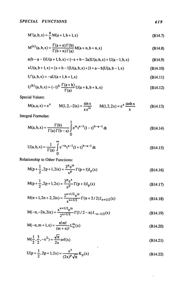 SPECIAL FUNCTIONS 619
a
M’(a,b,x) = ~M(a+ 1,b+ 1,x)
M
(n) (a, b, x) F(a + n)r(b) M(a
+ n,b + n
r(b + n) F(a)
a(b - a - 1)U(a+1, b, x) =[-x + b - 2a]U(a,b, x) +U(a-1,
xU(a,b +1, x) =[x +b - 1]U(a,b,x) +[1 +a - b]U(a,b -
U’(a,b,x) = -aU(a+ 1,b + 1,x)
U
(k) (a, b, x) = (-1)k F(a + k) U(a+k, b +k,
r(a)
Special Values:
M(a,a, x) = x
Integral Formulae:
M(a,b,x)
sin x
M(1, 2,-2ix) =
x e
TM
M(1,2,2x)= x sinh x
X
1
F(b) ~etXta-l(1- t) b-a-1 dt
F(a) F(b -
0
U(a,b,x) : F--~a) ~ e-tXta-l(1 + t)b-a-1 dt
0
Relationship to Other Functions:
1 2 2PelX
M(p+ ~, p+ 1,2ix) 7r(p+ 1) Jp(x)
1 2Pe
x
M(p+ 7’2P + 1, 2x) = -~- r(p + 1)Iv
2n+l/2eiX
M(n+l,2n+2,2ix)= xn+l/2 F(n+3/2)Jn+i/2(x)
xn+l/2eiX
M(-n,-2n,2ix)
2n+1/2
r(1 / 2 - n) J_n_l/2(X
)
M(-n,m+ 1, x) = . n! m!.. L~(x)
(m + n)!
M’I 3 x2. ~_x~erf(x)
U(p+ ~,2p+ 1,2x) =
(2x)p,~-~ Kp(x)
0314.7)
0314.8)
0314.9)
0314.10)
0314.11)
0314.12)
(B14.13)
0314.14)
(B14.15)
(B 14.16)
(B14.17)
(B14.18)
(B14.19)
(B14.20)
(B14~l)
0314.22)
 