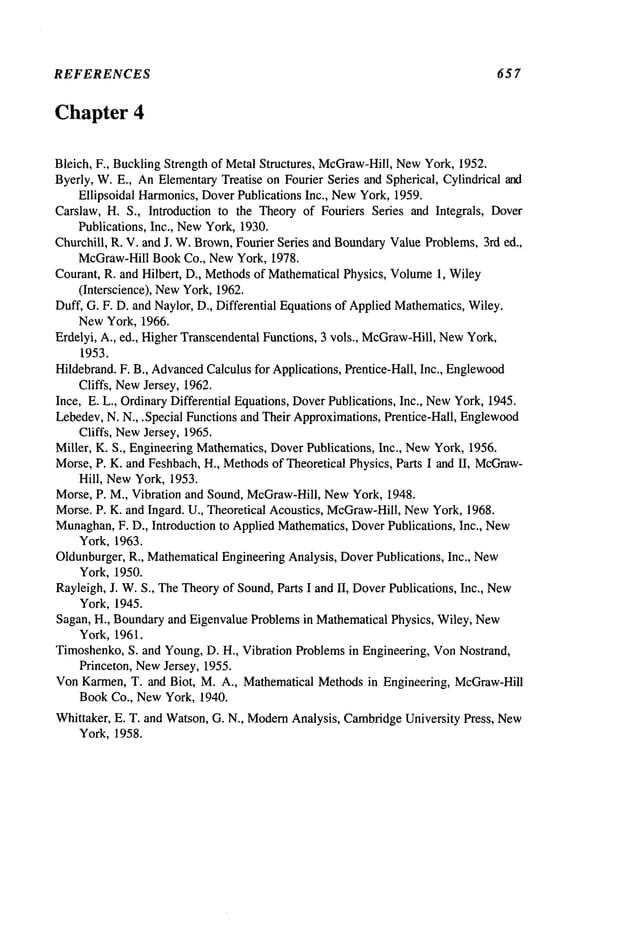 REFERENCES 657
Chapter 4
Bleich, F., BucklingStrength of Metal Structures, McGraw-Hill,NewYork, 1952.
Byerly, W.E., AnElementaryTreatise on Fourier Series and Spherical, Cylindrical and
Ellipsoidal Harmonics,DoverPublications Inc., NewYork, 1959.
Carslaw, H. S., Introduction to the Theory of Fouriers Series and Integrals, Dover
Publications, Inc., NewYork, 1930.
Churchill, R. V. and J. W.Brown,Fourier Series and Boundary
ValueProblems, 3rd ed.,
McGraw-Hill BookCo., NewYork, 1978.
Courant, R. and Hilbert, D., Methodsof MathematicalPhysics, Volume
1, Wiley
(Interscience), NewYork,1962.
Duff, G. F. D. and Naylor, D., Differential Equations of AppliedMathematics,Wiley.
NewYork, 1966.
Erdelyi, A., ed., HigherTranscendental Functions, 3 vols., McGraw-Hill,
New
York,
1953.
Hildebrand. F. B., Advanced
Calculus for Applications, Prentice-Hall, Inc., Englewood
Cliffs, NewJersey, 1962.
Ince, E. L., OrdinaryDifferential Equations, DoverPublications, Inc., New
York, 1945.
Lebedev,N. N., .Special Functions and Their Approximations,Prentice-Hall, Englewood
Cliffs, New
Jersey, 1965.
Miller, K. S., EngineeringMathematics,DoverPublications, Inc., NewYork, 1956.
Morse,P. K. and Feshbach, H., Methodsof Theoretical Physics, Parts I and II, McGraw-
Hill, NewYork, 1953.
Morse, P. M., Vibration and Sound, McGraw-Hill,NewYork, 1948.
Morse. P. K. and Ingard. U., Theoretical Acoustics, McGraw-Hill,NewYork, 1968.
Munaghan,
F. D., Introduction to Applied Mathematics,DoverPublications, Inc., New
York, 1963.
Oldunburger,R., MathematicalEngineeringAnalysis, DoverPublications, Inc., New
York, 1950.
Rayleigh, J. W.S., TheTheoryof Sound,Parts I and II, DoverPublications, Inc., New
York, 1945.
Sagan, H., Boundaryand Eigenvalue Problemsin MathematicalPhysics, Wiley, New
York, 1961.
Timoshenko,S. and Young,D. H., Vibration Problemsin Engineering, VonNostrand,
Princeton, NewJersey, 1955.
Von Karmen,T. and Biot, M. A., Mathematical Methodsin Engineering, McGraw-Hill
BookCo., NewYork, 1940.
Whittaker, E. T. and Watson, G. N., Modem
Analysis, CambridgeUniversity Press, New
York, 1958.
 