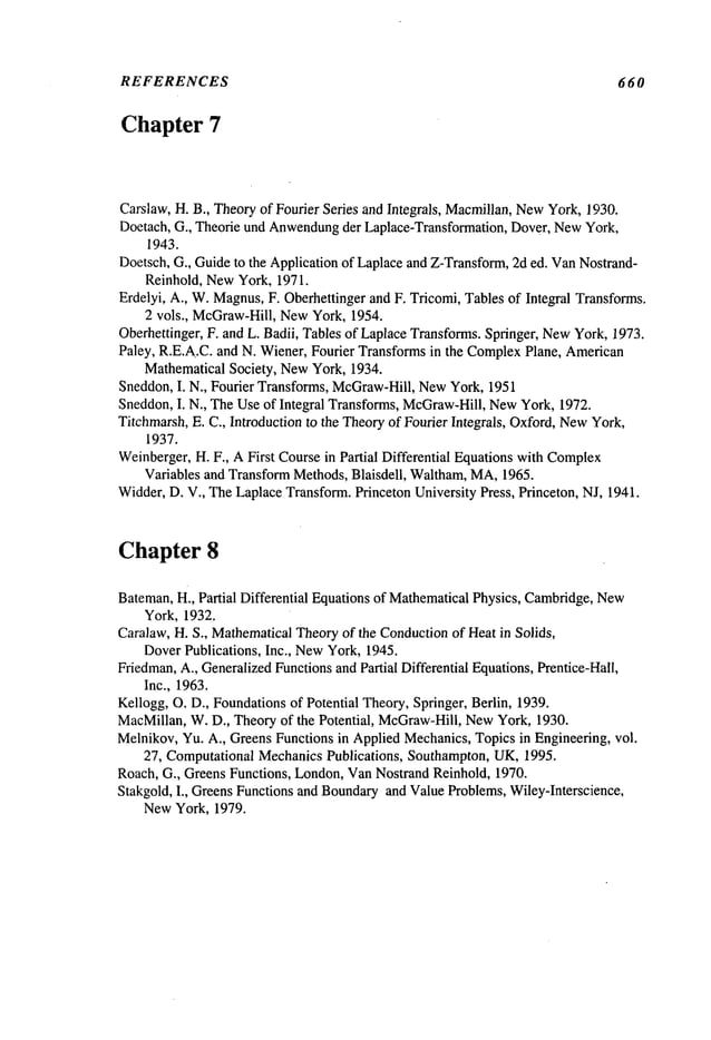 REFERENCES 660
Chapter 7
Carslaw, H. B., Theoryof Fourier Series and Integrals, Macmillan,NewYork, 1930.
Doetach, G., Theorie und Anwendung
der Laplace-Transformation, Dover, NewYork,
1943.
Doetsch, G., Guideto the Application of Laplaceand Z-Transform,2d ed. VanNostrand-
Reinhold, NewYork, 1971.
Erdelyi, A., W.Magnus,F. Oberhettinger and F. Tricomi, Tables of Integral Transforms.
2 vols., McGraw-Hill,NewYork, 1954.
Oberhettinger, F. and L. Badii, Tables of LaplaceTransforms.Springer, New
York, 1973.
Paley, R.E,A.C. and N. Wiener, Fourier Transforms in the ComplexPlane, American
Mathematical Society, NewYork, 1934.
Sneddon,I. N., Fourier Transforms, McGraw-Hill,NewYork, 1951
Sneddon,I. N., TheUseof Integral Transforms, McGraw-Hill,New
York, 11972.
Titchmarsh,E. C., Introduction to the Theoryof Fourier Integrals, Oxford,NewYork,
1937.
Weinberger,H. F., AFirst Coursein Partial Differential Equationswith Complex
Variables and TransformMethods, Blaisdell, Waltham,MA,1965.
Widder,D. V., TheLaplaceTransform.Princeton University Press, Princeton, NJ, 1941.
Chapter 8
Bateman,H., Partial Differential Equations of MathematicalPhysics, Cambridge,New
York, 1932.
Caralaw, H. S., MathematicalTheoryof the Conductionof Heat in Solids,
DoverPublications, Inc., NewYork, 1945.
Friedman,A., GeneralizedFunctionsand Partial Differential Equations, Prentice-Hall,
Inc., 1963.
Kellogg, O. D., Foundationsof Potential Theory, Springer, Berlin, 1939.
MacMillan,W.D., Theory of the Potential, McGraw-Hill,NewYork, 1930.
Melnikov,Yu. A., Greens Functions in Applied Mechanics,Topics in Engineering, vol.
27, Computational MechanicsPublications, Southampton,UK,1995.
Roach, G., Greens Functions, London,VanNostrand Reinhold, 1970.
Stakgold, I., Greens Functions and Boundaryand ValueProblems, Wiley-Interscience,
NewYork, 1979.
 