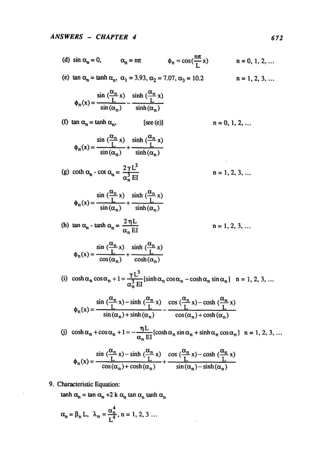 ANSWERS - CHAPTER 4 672
(d) sin n =0,an = nx Cn = cos(--~x)
(e) tan an= tanhan, I = 3.93, 0.2 = 7.07, a3= 1
0.2
n=O,1,2 ....
n=1,2,3 ....
Cn(x)
sin (--~- x) sinh (~-
sin (an) sinh (an )
(f) tanan=tanh [see(e)l n=0,1,2 ....
(g)
Cn(X)
sin(~--~x) ÷ sinh(~--~
sin (an) sinh (a
n)
2~,L
3
cothan - cot % = ~ n= 1,2,3 ....
%(x)
sin (~- x)
sin(an)
sinh (~- x)
q-
sinh(an)
(h)tanan- tanh
an=2rl__..~L
an El
n= 1,2,3 ....
(i)
¢.(x)
sin (~-~x)a sinh (~-
cos(an) cosh(an)
3
cosh an COSan + 1 = ~ [sinh an cos{X
n - coshan sin an ]
an E1
n= 1,2,3 ....
(J)
sin (-~-~ x) - sinh (-~- x) cos (~- x)- cosh(-~-
Cn(X)
sin (an) + sinh (a
n) cos(an) + cosh(a
n)
~L
cosh an + cos an + 1 = - ~ [cosh a n sin an + sinh an cos an ]
an E1
n-- 1,2,3 ....
On(X) +
cos(an) + cosh(an ) sin (an) - sinh (a
n)
9. CharacteristicEquation:
tanh an = tan an+2k an tan antanh an
an=~n L, ~Ln =-.~-¢~,n=1,2,3 ...
 