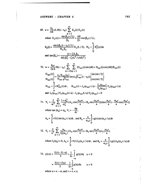 ANSWERS - CHAPTER 6 702
69. U=-"~¢LH(t-t 0) ~ En(t)Xn(x)
n=l
whem Xn(x) sin([3nX/L ) AE
= ÷-~-cos
C~n
~/ L),
L
sin (C~n(t to) / L)Xn(L / 2), n =f Xn
2(x) dx
En(t)
Nn ~n
0
(’y + ~)L
anotan(l~n)
=A~n
2_~,~.2
70.
Poc
w = ~-~H(t-t0) E E [Gnm(t)sin(n0)+Hnm(t)c°s(n0)]Rnm(r)
n=0m=l
[sin (nx / 2)"
Gnm(t)l ~n Rnm(rO)sin(c ~4-~m(t_t0))~
Hm~
(t)j = Nnm
X4-~nm tcos(nx
/ 2)
b
Nnm=~rRn2m(r)dr, Rnm(r)=Jn~nmr/a) Jn(l’tnm) yn(l.tnmr/a)
Yn 0-tnm)
a
and Jn0.tnm)Yn(l~nmb/a)- Jn(l.tnmb/a)Yn(~tnm ) = 0
71.
oo 2
2 ~ l+tx
n ~nCt
V
r = ~ ~ ---~--_2 (An cos(--~)+ n sin(°tnCt))(sin ( - ¢xnr cos(°~nr))
n=
1
n a a a a
wheretan (on) = n, V
r =- o.~.~
Or’
a a
A
n = ~rf(r)sin(cZnr/a)dr, and n =-~-a fr g(r)sin(~Xnr/a)dr
0~nC
0 0
72. Vr=72n~--l~’=
J02~"~n)~n
(An cos(-~)+
Bnsin(~Znct))Jl
(~Znr)a
a a
J~(~) = 0, ~ = Jr f(r)Jo(~r/a)~, n = ~[rg(r)Jo(~nr/a)~
where
~nC a
0 0
v
f(v)- f(-u)÷l__~
73. y(x,t)
2 2c g(rl) drl u < 0
; f(v)+f(u)2+~cf
g(n)d~l
U
whereu = x - ct, and v ; × + ct
 