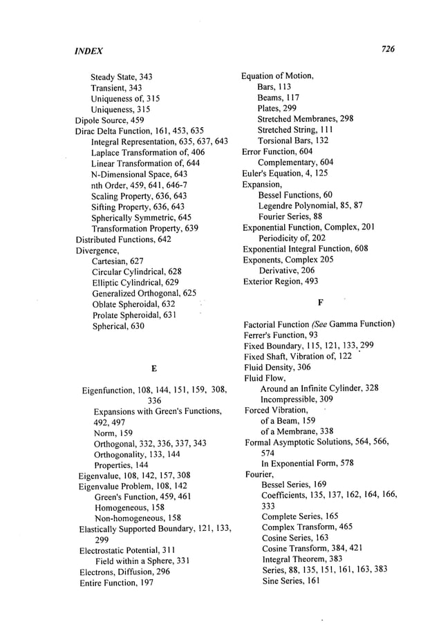 INDEX 726
SteadyState, 343
Transient, 343
Uniquenessof, 315
Uniqueness, 315
Dipole Source, 459
Dirac Delta Function, 161,453,635
Integral Representation, 635,637, 643
Laplace Transformation of, 406
Linear Transformationof, 644
N-DimensionalSpace, 643
nth Order, 459, 641,646-7
Scaling Property, 636, 643
Sifting Property, 636, 643
Spherically Symmetric,645
Transformation Property, 639
Distributed Functions, 642
Divergence,
Cartesian, 627
Circular Cylindrical, 628
Elliptic Cylindrical, 629
Generalized Orthogonal, 625
Oblate Spheroidal, 632 ¯
Prolate Spheroidal, 631
Spherical, 630
E
Eigenfunction, 108, 144, 151,159, 308,
336
Expansionswith Green’sFunctions,
492, 497
Norm, 159
Orthogonal, 332, 336,337,343
Orthogonality, 133, 144
Properties, 144
Eigenvalue, 108, 142, 157,308
Eigenvalue Problem, 108, 142
Green’sFunction, 459, 461
Homogeneous, 158
Non-homogeneous, 158
Elastically SupportedBoundary,121,133,
299
Electrostatic Potential, 311
Field within a Sphere, 331
Electrons, Diffusion, 296
Entire Function, 197
Equation of Motion,
Bars, 113
Beams, 117
Plates, 299
Stretched Membranes,298
Stretched String, 111
Torsional Bars, 132
Error Function, 604
Complementary, 604
Euler’s Equation,4, 125
Expansion,
Bessel Functions, 60
LegendrePolynomial, 85, 87
Fourier Series, 88
Exponential Function, Complex,201
Periodicity of, 202
ExponentialIntegral Function, 608
Exponents, Complex205
Derivative, 206
Exterior Region, 493
Factorial Function (See Gamma
Function)
Ferrer’s Function,93
Fixed Boundary, 115, 121,133,299
FixedShaft, Vibration of, 122
Fluid Density, 306
Fluid Flow,
Aroundan Infinite Cylinder, 328
Incompressible, 309
ForcedVibration,
of a Beam,159
of a Membrane,338
FormalAsymptoticSolutions, 564, 566,
574
In Exponential Form, 578
Fourier,
Bessel Series, 169
Coefficients, 135, 137, 162, 164, 166,
333
CompleteSeries, 165
ComplexTransform, 465
CosineSeries, 163
Cosine Transform, 384,421
Integral Theorem,383
Series, 88, 135, 151,161,163,383
Sine Series, 161
 