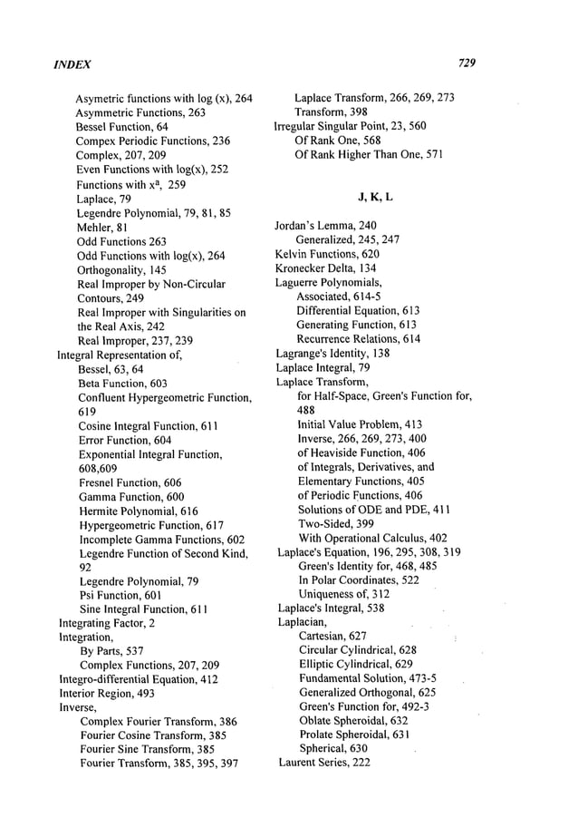 INDEX 729
Asymetricfunctions with log (x), 264
AsymmetricFunctions, 263
Bessel Function, 64
Compex
Periodic Functions, 236
Complex,207, 209
EvenFunctions with log(x), 252
Functions with xa, 259
Laplace, 79
LegendrePolynomial, 79, 8l, 85
Mehler, 81
OddFunctions 263
OddFunctions with log(x), 264
Orthogonality, 145
Real Improper by Non-Circular
Contours, 249
Real Improperwith Singularities on
the Real Axis, 242
Real Improper, 237,239
Integral Representationof,
Bessel, 63, 64
Beta Function, 603
Confluent HypergeometricFunction,
619
CosineIntegral Function, 611
Error Function, 604
ExponentialIntegral Function,
608,609
Fresnel Function, 606
Gamma
Function, 600
Hermite Polynomial, 616
HypergeometricFunction, 617
Incomplete Gamma
Functions, 602
LegendreFunction of SecondKind,
92
LegendrePolynomial, 79
Psi Function, 601
Sine Integral Function, 611
Integrating Factor, 2
Integration,
ByParts, 537
ComplexFunctions, 207, 209
lntegro-differential Equation,412
Interior Region,493
Inverse,
ComplexFourier Transform, 386
Fourier Cosine Transform,385
Fourier Sine Transform,385
Fourier Transform, 385,395,397
Laplace Transform, 266, 269, 273
Transform, 398
Irregular Singular Point, 23,560
Of Rank One, 568
Of RankHigher ThanOne, 571
J, K, L
Jordan’s Lemma,240
Generalized, 245,247
Kelvin Functions, 620
KroneckerDelta, 134
Laguerre Polynomials,
Associated, 614-5
Differential Equation,613
Generating Function, 613
RecurrenceRelations, 614
Lagrange’sIdentity, 138
LaplaceIntegral, 79
Laplace Transform,
for Half-Space,Green’sFunctionfor,
488
Initial ValueProblem,413
Inverse, 266, 269, 273,400
of Heaviside Function, 406
of Integrals, Derivatives,and
ElementaryFunctions, 405
of Periodic Functions, 406
Solutions of ODE
and PDE,411
Two-Sided, 399
WithOperational Calculus, 402
Laplace’s Equation, 196, 295,308, 319
Green’sIdentity for, 468,485
In Polar Coordinates, 522
Uniquenessof, 312
Laplace’sIntegral, 538
Laplacian,
Cartesian, 627 ~
Circular Cylindrical, 628
Elliptic Cylindrical, 629
FundamentalSolution, 473-5
Generalized Orthogonal, 625
Green’sFunctionfor, 492-3
Oblate Spheroidal, 632
Prolate Spheroidal, 631
Spherical, 630
LaurentSeries, 222
 