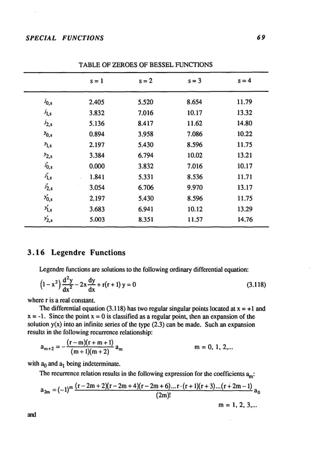 SPECIAL FUNCTIONS 69
TABLE OF ZEROES OF BESSEL FUNCTIONS
s=l s=2 s--3 s=4
J0,s 2.405 5.520 8.654 11.79
Jl,s 3.832 7.016 10.17 13.32
J2,s 5.136 8.417 11.62 14.80
YO,
s 0.894 3.958 7.086 10.22
Yl,
s 2.197 5.430 8.596 11.75
Y2,s 3.384 6.794 10.02 13.21
J~,s 0.000 3.832 7.016 10.17
Ji.s 1.841 5.331 8.536 11.71
J½,s 3.054 6.706 9.970 13.17
Y~,s 2.197 5.430 8.596 11.75
Y~,s 3.683 6.941 10.12 13.29
Y~,s 5.003 8.351 11.57 14.76
3.16 Legendre Functions
Legendre
functions are solutions to the followingordinarydifferential equation:
(1- z) dZY-2x d
-~-Y +r(r + 1) (3.118)
d-~ ux Y
where
r is a real constant.
Thedifferential equation (3.118) has tworegular singular points located at x = +1and
x = -1. Sincethe point x = 0 is classified as a regular point, then an expansionof the
solution y(x) into an infinite series of the type (2.3) can be made.Suchan expansion
results in the followingrecurrencerelationship:
(r - m)(r+ m+
am+z = (m + 1)(m + 2) m=0, 1, 2 ....
with ao and al being indeterminate.
Therecurrencerelation results in the followingexpressionfor the coefficients am:
a~ =(-1)m(r - 2m+ 2)(r - 2m+4)(r - 2m+ 6)...r. (r + 1)(r + 3)...(r
(2m)!
a0
m=1,2,3 ....
 