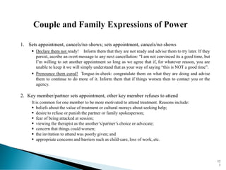 1. Sets appointment, cancels/no-shows; sets appointment, cancels/no-shows
▪ Declare them not ready! Inform them that they are not ready and advise them to try later. If they
persist, ascribe an overt message to any next cancellation: “I am not convinced its a good time, but
I’m willing to set another appointment so long as we agree that if, for whatever reason, you are
unable to keep it we will simply understand that as your way of saying “this is NOT a good time”.
▪ Pronounce them cured! Tongue-in-cheek: congratulate them on what they are doing and advise
them to continue to do more of it. Inform them that if things worsen then to contact you or the
agency.
2. Key member/partner sets appointment, other key member refuses to attend
It is common for one member to be more motivated to attend treatment. Reasons include:
▪ beliefs about the value of treatment or cultural morays about seeking help;
▪ desire to refuse or punish the partner or family spokesperson;
▪ fear of being attacked at session;
▪ viewing the therapist as the another’s/partner’s choice or advocate;
▪ concern that things could worsen;
▪ the invitation to attend was poorly given; and
▪ appropriate concerns and barriers such as child-care, loss of work, etc.
12
3
 