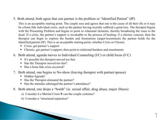 5. Both attend, both agree that one partner is the problem or “Identified Patient” (IP)
This is an acceptable starting point. The couple sees and agrees that one is the cause of all their ills or it may
be a bona fide individual crisis, such as the partner having recently suffered a great loss. The therapist begins
with the Presenting Problem and begins to point to relational elements, thereby broadening the issue to the
dyad. If a crisis, the partner’s support is invaluable to the process of healing; if a chronic concern, then the
therapist can begin to explore the burden and frustrations (anger/resentment) the partner holds for the
Identified patient (IP). This is an acceptable starting point, whether Crisis or Chronic
▪ Crisis: get partner’s support
▪ Chronic; get partner’s support, then point to relational burdens and resentments
6. Both attend, agenda moves to Individual Counseling (I/C) or child focus (F/C)
▪ It’s possible the therapist moved too fast.
▪ Has the Therapist moved too fast?
▪ Has a bona fide crisis occurred?
7. Both attend, one begins to No-show (leaving therapist with partner/spouse)
▪ Hidden Agenda?
▪ Has the Therapist alienated the partner?
▪ Has the attendee sabotaged the partner’s attendance?
8. Both attend, one drops a “bomb” (ie. sexual affair, drug abuse, major illness)
a) Consider it a Marital Crisis→ can the couple continue?
b) Consider a “structured separation”
12
5
 