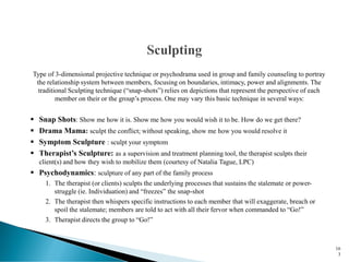 Type of 3-dimensional projective technique or psychodrama used in group and family counseling to portray
the relationship system between members, focusing on boundaries, intimacy, power and alignments. The
traditional Sculpting technique (“snap-shots”) relies on depictions that represent the perspective of each
member on their or the group’s process. One may vary this basic technique in several ways:
▪ Snap Shots: Show me how it is. Show me how you would wish it to be. How do we get there?
▪ Drama Mama: sculpt the conflict; without speaking, show me how you would resolve it
▪ Symptom Sculpture : sculpt your symptom
▪ Therapist’s Sculpture: as a supervision and treatment planning tool, the therapist sculpts their
client(s) and how they wish to mobilize them (courtesy of Natalia Tague, LPC)
▪ Psychodynamics: sculpture of any part of the family process
1. The therapist (or clients) sculpts the underlying processes that sustains the stalemate or power-
struggle (ie. Individuation) and “freezes” the snap-shot
2. The therapist then whispers specific instructions to each member that will exaggerate, breach or
spoil the stalemate; members are told to act with all their fervor when commanded to “Go!”
3. Therapist directs the group to “Go!”
16
3
 