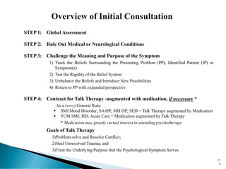 STEP 1: Global Assessment
STEP 2: Rule Out Medical or Neurological Conditions
STEP 3: Challenge the Meaning and Purpose of the Symptom
1) Track the Beliefs Surrounding the Presenting Problem (PP), Identified Patient (IP) or
Symptom(s)
2) Test the Rigidity of the Belief System
3) Unbalance the Beliefs and Introduce New Possibilities
4) Return to PP with expanded perspective
STEP 4: Contract for Talk Therapy -augmented with medication, if necessary *
As a (very) General Rule:
▪ SMI Mood Disorder; SA OP; MH OP; SED = Talk Therapy augmented by Medication
▪ TCM SMI; DD; Acute Care = Medication augmented by Talk Therapy
* Medication may greatly curtail interest in attending psychotherapy
Goals of Talk Therapy
1)Problem-solve and Resolve Conflict;
2)Heal Unresolved Trauma; and
3)Treat the Underlying Purpose that the Psychological Symptom Serves
17
9
 