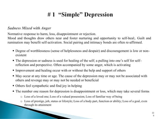 Sadness Mixed with Anger
Normative response to harm, loss, disappointment or rejection.
Mood and thoughts draw others near and foster nurturing and opportunity to self-heal;. Guilt and
rumination may benefit self-activation. Social pairing and intimacy bonds are often re-affirmed.
▪ Degree of worthlessness (sense of helplessness and despair) and discouragement is low or non-
existent
▪ The depression or sadness is used for healing of the self; a pulling into one’s self for self–
reflection and perspective. Often accompanied by some anger, which is activating
▪ Improvement and healing occur with or without the help and support of others
▪ May occur at any time or age. The cause of the depression may or may not be associated with
others and revenge may or may not be needed or beneficial
▪ Others feel sympathetic and find joy in helping
▪ The number one reason for depression is disappointment or loss, which may take several forms
o Loss of a loved one; Loss of a valued possession; Loss of familiar way of being
o Loss of prestige, job, status or lifestyle; Loss of a body part, function or ability; Loss of a goal, even
through its attainment
22
6
 