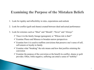 1. Look for rigidity and inflexibility in rules, expectations and outlook
2. Look for conflict (guilt and shame) created between ideal and actual performance
3. Look for extremes such as “Must” and “Should”, “Never” and “Always”
✓ Trace it in the family lineage (genogram); ie “Whose rule is that?”
✓ Examine Pluses and Minuses to broaden narrow perspectives
✓ Examine how it is used to reaffirm convictions that preserve one’s sense of self,
self-esteem or loyalty to family
✓ Examine what “breaking” the rule means and how that justifies retaining the
conviction
✓ Examine the purpose of the conviction or the benefit its conflict, shame or guilt
provides. Often, while negative, suffering can entail a sense of “nobility”
91
 