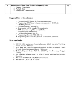 Suggested List of Experiments:
1. Programming of PCA timer for frequency measurement.
2. Programming of PCA timer as Square wave generator. ( HSO Mode)
3. UART Programming.
4. Programming of SPI Port on 8051.
5. Programming of RTC using I2C Communication.
6. PWM Generation using PCA timer.(CIP-51)
7. Programming of GPIO (CIP-51).
8. Programming of Timers (CIP-51).
9. Programming of on-chip ADC (CIP-51).
10. Programming of on-chip DAC of CIP-51 for wave form generation
Reference Books:
1. “8051/52 MCU Architecture, Assembly Language & H/W Interfacing” by Creig
Steiner, Universal Publishers.
2. “8051 MCU An Application Based Introduction” by Chris Braithwaite – Fred
Cowan & Hassan Parchizadeh, Elsevier Publications.
3. “Embedded System Design With The C8051” by Han-Wayhuang, Cengage
Learning.
4. “An Embedded Software Primer” by David E. Simon, Addison-Wesley Pearson
Education.
5. Data Sheet of “89C51rd2xx” by NXP Semiconductors.
6. Data Sheet of “C8051F12x” by SI Labs.
6. Introduction to Real Time Operating System (RTOS)
1. Tasks & Task-States.
2. Tasks & Data.
3. Semaphores & Shared Data.
08
 