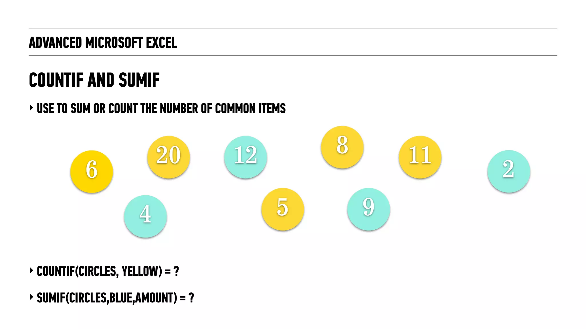 ADVANCED MICROSOFT EXCEL
‣ USE TO SUM OR COUNT THE NUMBER OF COMMON ITEMS
COUNTIF AND SUMIF
6
20
5
8 11
4
2
9
12
‣ COUNTIF(CIRCLES, YELLOW) = ?
‣ SUMIF(CIRCLES,BLUE,AMOUNT) = ?
 