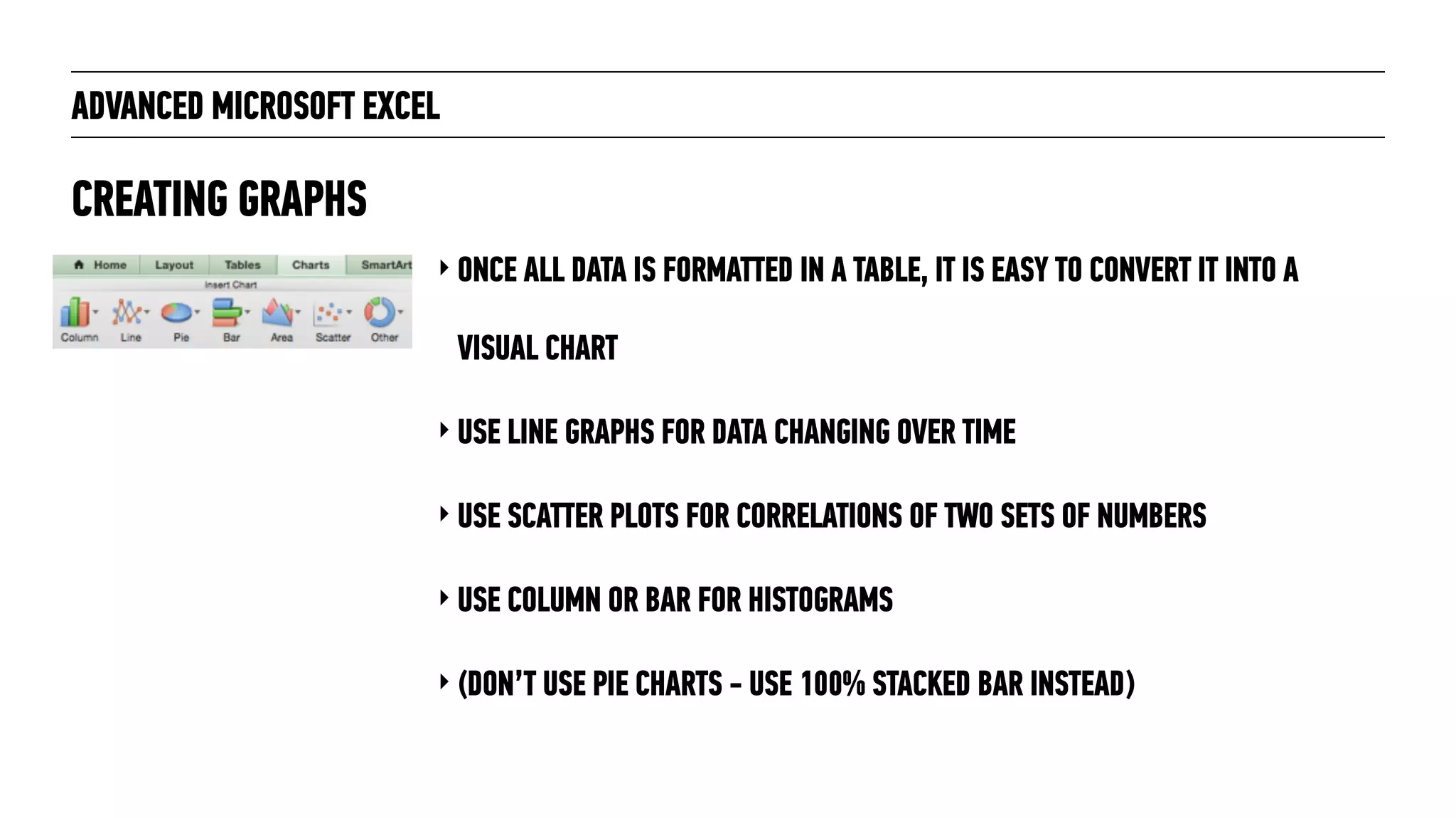 ADVANCED MICROSOFT EXCEL
‣ ONCE ALL DATA IS FORMATTED IN A TABLE, IT IS EASY TO CONVERT IT INTO A
VISUAL CHART
‣ USE LINE GRAPHS FOR DATA CHANGING OVER TIME
‣ USE SCATTER PLOTS FOR CORRELATIONS OF TWO SETS OF NUMBERS
‣ USE COLUMN OR BAR FOR HISTOGRAMS
‣ (DON’T USE PIE CHARTS - USE 100% STACKED BAR INSTEAD)
CREATING GRAPHS
 