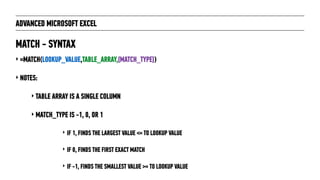 ADVANCED MICROSOFT EXCEL
‣ =MATCH(LOOKUP_VALUE,TABLE_ARRAY,[MATCH_TYPE])
‣ NOTES:
‣ TABLE ARRAY IS A SINGLE COLUMN
‣ MATCH_TYPE IS -1, 0, OR 1
‣ IF 1, FINDS THE LARGEST VALUE <= TO LOOKUP VALUE
‣ IF 0, FINDS THE FIRST EXACT MATCH
‣ IF -1, FINDS THE SMALLEST VALUE >= TO LOOKUP VALUE
MATCH - SYNTAX
 