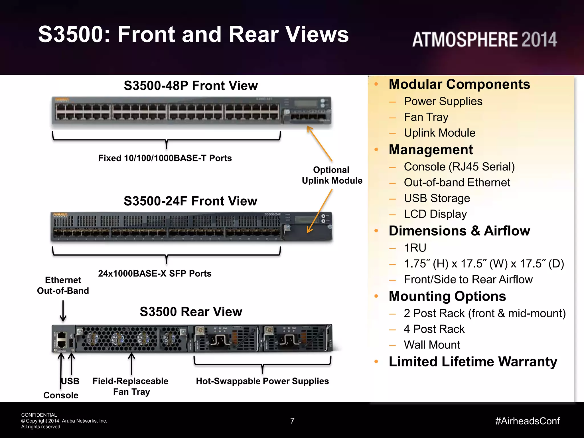 7
CONFIDENTIAL
© Copyright 2014. Aruba Networks, Inc.
All rights reserved
#AirheadsConf
S3500: Front and Rear Views
• Modular Components
– Power Supplies
– Fan Tray
– Uplink Module
• Management
– Console (RJ45 Serial)
– Out-of-band Ethernet
– USB Storage
– LCD Display
• Dimensions & Airflow
– 1RU
– 1.75˝ (H) x 17.5˝ (W) x 17.5˝ (D)
– Front/Side to Rear Airflow
• Mounting Options
– 2 Post Rack (front & mid-mount)
– 4 Post Rack
– Wall Mount
• Limited Lifetime Warranty
Optional
Uplink Module
S3500 Rear View
USB
Console
Field-Replaceable
Fan Tray
Hot-Swappable Power Supplies
Ethernet
Out-of-Band
S3500-24F Front View
24x1000BASE-X SFP Ports
LCD
S3500-48P Front View
Fixed 10/100/1000BASE-T Ports
LCD
 