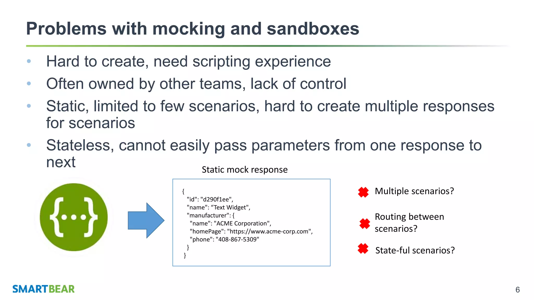 6
Problems with mocking and sandboxes
• Hard to create, need scripting experience
• Often owned by other teams, lack of control
• Static, limited to few scenarios, hard to create multiple responses
for scenarios
• Stateless, cannot easily pass parameters from one response to
next
{
"id": "d290f1ee",
"name": “Text Widget",
"manufacturer": {
"name": "ACME Corporation",
"homePage": "https://www.acme-corp.com",
"phone": "408-867-5309"
}
}
Static mock response
Multiple scenarios?
Routing between
scenarios?
State-ful scenarios?
 