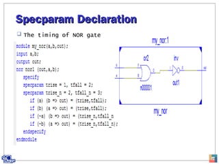 Specparam DeclarationSpecparam Declaration
 The timing of NOR gate
23
 