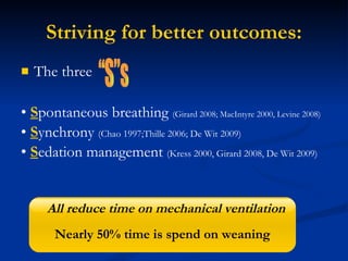 Striving for better outcomes: The three •  S pontaneous breathing  (Girard 2008; MacIntyre 2000, Levine 2008) •  S ynchrony  (Chao 1997;Thille 2006; De Wit 2009) •  S edation management  (Kress 2000, Girard 2008, De Wit 2009) “S”s All reduce time on mechanical ventilation Nearly 50% time is spend on weaning 