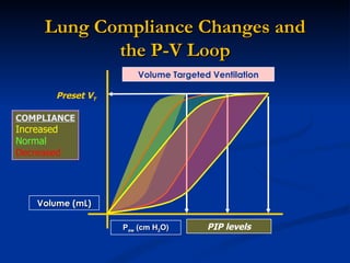 Lung Compliance Changes and the P-V Loop Volume (mL) PIP levels Preset V T P aw  (cm H 2 O) Volume Targeted Ventilation COMPLIANCE Increased Normal Decreased 