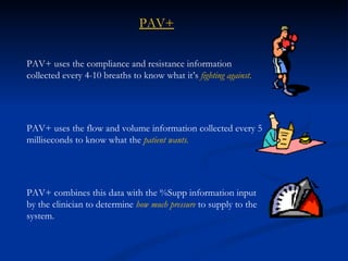 PAV+ uses the compliance and resistance information collected every 4-10 breaths to know what it’s  fighting against . PAV+ uses the flow and volume information collected every 5 milliseconds to know what the  patient wants. PAV+ combines this data with the %Supp information input by the clinician to determine  how much pressure  to supply to the system. PAV+ 