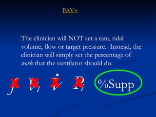 The clinician will NOT set a rate, tidal volume, flow or target pressure.  Instead, the clinician will simply set the percentage of  work  that the ventilator should do. f %Supp x x x x PAV+ V . V t P i 