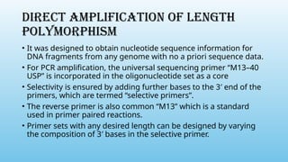 DIRECT AMPLIFICATION OF LENGTH
POLYMORPHISM
• It was designed to obtain nucleotide sequence information for
DNA fragments from any genome with no a priori sequence data.
• For PCR amplification, the universal sequencing primer “M13–40
USP” is incorporated in the oligonucleotide set as a core
• Selectivity is ensured by adding further bases to the 3′ end of the
primers, which are termed “selective primers”.
• The reverse primer is also common “M13” which is a standard
used in primer paired reactions.
• Primer sets with any desired length can be designed by varying
the composition of 3′ bases in the selective primer.
 