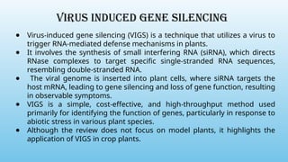 Virus Induced Gene Silencing
● Virus-induced gene silencing (VIGS) is a technique that utilizes a virus to
trigger RNA-mediated defense mechanisms in plants.
● It involves the synthesis of small interfering RNA (siRNA), which directs
RNase complexes to target specific single-stranded RNA sequences,
resembling double-stranded RNA.
● The viral genome is inserted into plant cells, where siRNA targets the
host mRNA, leading to gene silencing and loss of gene function, resulting
in observable symptoms.
● VIGS is a simple, cost-effective, and high-throughput method used
primarily for identifying the function of genes, particularly in response to
abiotic stress in various plant species.
● Although the review does not focus on model plants, it highlights the
application of VIGS in crop plants.
 