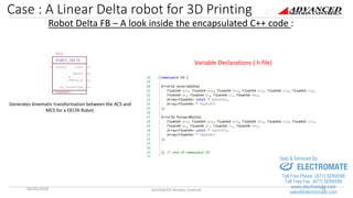 Case : A Linear Delta robot for 3D Printing
Robot Delta FB – A look inside the encapsulated C++ code :
04/03/2018 ADVANCED Motion Controls 12
Variable Declarations (.h file)
Generates kinematic transformation between the ACS and
MCS for a DELTA Robot.
sales@electromate.com
www.electromate.com
ELECTROMATE
Toll Free Phone (877) SERVO98
Toll Free Fax (877) SERV099
www.electromate.com
sales@electromate.com
Sold & Serviced By:
 