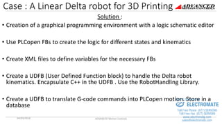 Case : A Linear Delta robot for 3D Printing
Solution :
• Creation of a graphical programming environment with a logic schematic editor
• Use PLCopen FBs to create the logic for different states and kinematics
• Create XML files to define variables for the necessary FBs
• Create a UDFB (User Defined Function block) to handle the Delta robot
kinematics. Encapsulate C++ in the UDFB . Use the RobotHandling Library.
• Create a UDFB to translate G-code commands into PLCopen motion. Store in a
database
04/03/2018 ADVANCED Motion Controls 7
sales@electromate.com
www.electromate.com
ELECTROMATE
Toll Free Phone (877) SERVO98
Toll Free Fax (877) SERV099
www.electromate.com
sales@electromate.com
Sold & Serviced By:
 