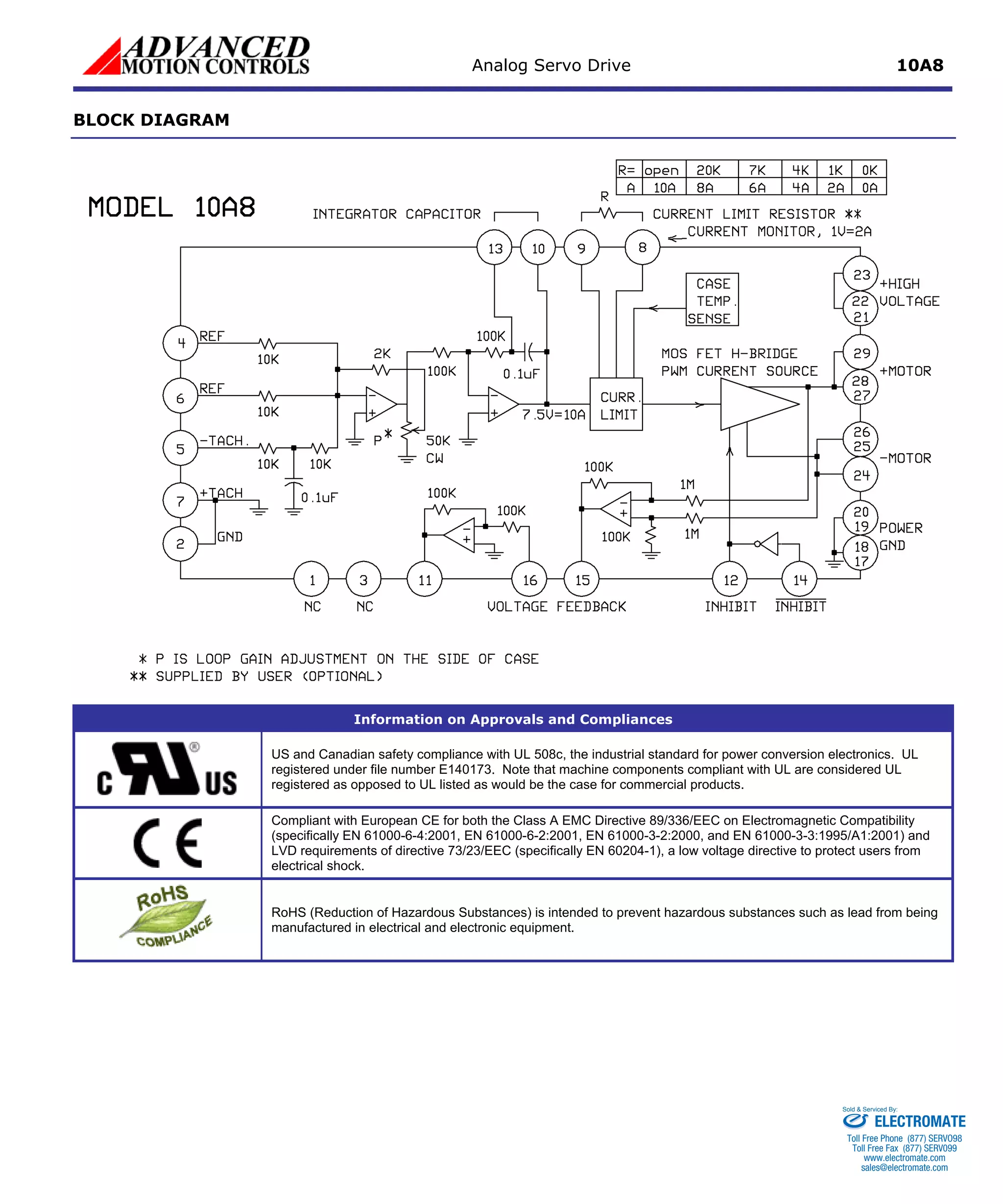 Analog Servo Drive 10A8 
BLOCK DIAGRAM 
Information on Approvals and Compliances 
US and Canadian safety compliance with UL 508c, the industrial standard for power conversion electronics. UL registered under file number E140173. Note that machine components compliant with UL are considered UL registered as opposed to UL listed as would be the case for commercial products. 
Compliant with European CE for both the Class A EMC Directive 89/336/EEC on Electromagnetic Compatibility (specifically EN 61000-6-4:2001, EN 61000-6-2:2001, EN 61000-3-2:2000, and EN 61000-3-3:1995/A1:2001) and LVD requirements of directive 73/23/EEC (specifically EN 60204-1), a low voltage directive to protect users from electrical shock. 
RoHS (Reduction of Hazardous Substances) is intended to prevent hazardous substances such as lead from being manufactured in electrical and electronic equipment. 
ELECTROMATE 
Toll Free Phone (877) SERVO98 
Toll Free Fax (877) SERV099 
www.electromate.com 
sales@electromate.com 
Sold & Serviced By: 
 