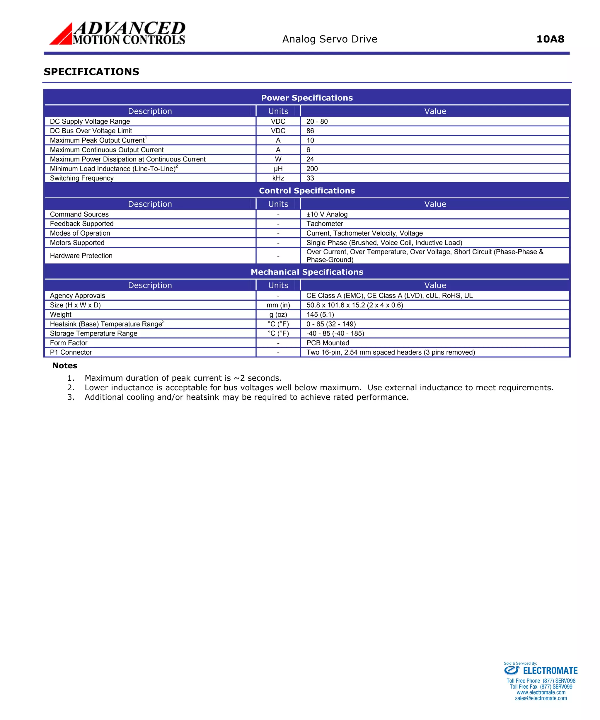 Analog Servo Drive 10A8 
SPECIFICATIONS 
Power Specifications 
Description 
Units 
Value 
DC Supply Voltage Range 
VDC 
20 - 80 
DC Bus Over Voltage Limit 
VDC 
86 
Maximum Peak Output Current1 
A 
10 
Maximum Continuous Output Current 
A 
6 
Maximum Power Dissipation at Continuous Current 
W 
24 
Minimum Load Inductance (Line-To-Line)2 
μH 
200 
Switching Frequency 
kHz 
33 
Control Specifications 
Description 
Units 
Value 
Command Sources 
- 
±10 V Analog 
Feedback Supported 
- 
Tachometer 
Modes of Operation 
- 
Current, Tachometer Velocity, Voltage 
Motors Supported 
- 
Single Phase (Brushed, Voice Coil, Inductive Load) 
Hardware Protection 
- 
Over Current, Over Temperature, Over Voltage, Short Circuit (Phase-Phase & Phase-Ground) 
Mechanical Specifications 
Description 
Units 
Value 
Agency Approvals 
- 
CE Class A (EMC), CE Class A (LVD), cUL, RoHS, UL 
Size (H x W x D) 
mm (in) 
50.8 x 101.6 x 15.2 (2 x 4 x 0.6) 
Weight 
g (oz) 
145 (5.1) 
Heatsink (Base) Temperature Range3 
°C (°F) 
0 - 65 (32 - 149) 
Storage Temperature Range 
°C (°F) 
-40 - 85 (-40 - 185) 
Form Factor 
- 
PCB Mounted 
P1 Connector 
- 
Two 16-pin, 2.54 mm spaced headers (3 pins removed) 
Notes 
1. 
Maximum duration of peak current is ~2 seconds. 
2. 
Lower inductance is acceptable for bus voltages well below maximum. Use external inductance to meet requirements. 
3. 
Additional cooling and/or heatsink may be required to achieve rated performance. 
ELECTROMATE 
Toll Free Phone (877) SERVO98 
Toll Free Fax (877) SERV099 
www.electromate.com 
sales@electromate.com 
Sold & Serviced By: 
 