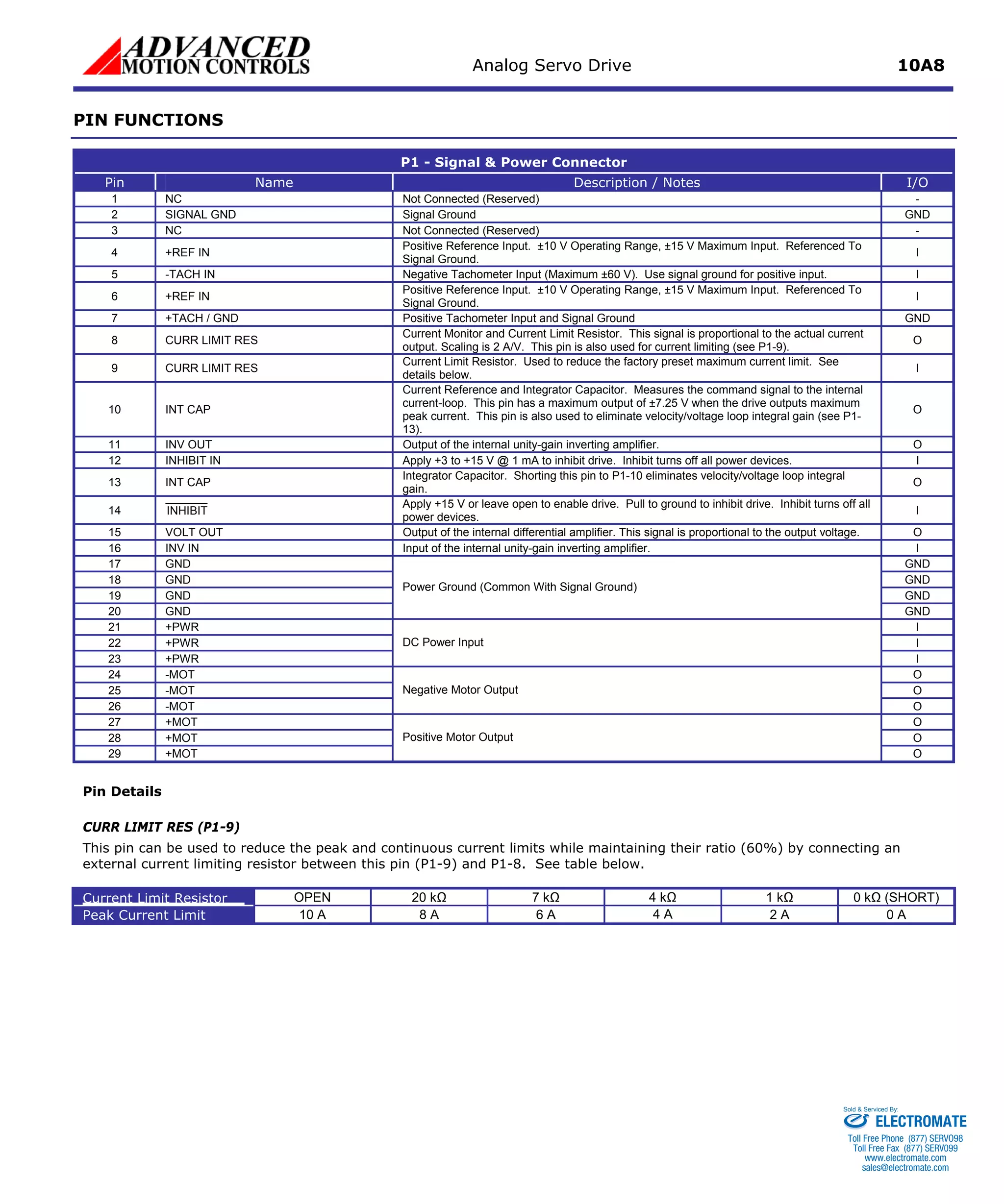 Analog Servo Drive 10A8 
PIN FUNCTIONS 
P1 - Signal & Power Connector 
Pin 
Name 
Description / Notes 
I/O 
1 
NC 
Not Connected (Reserved) 
- 
2 
SIGNAL GND 
Signal Ground 
GND 
3 
NC 
Not Connected (Reserved) 
- 
4 
+REF IN 
Positive Reference Input. ±10 V Operating Range, ±15 V Maximum Input. Referenced To Signal Ground. 
I 
5 
-TACH IN 
Negative Tachometer Input (Maximum ±60 V). Use signal ground for positive input. 
I 
6 
+REF IN 
Positive Reference Input. ±10 V Operating Range, ±15 V Maximum Input. Referenced To Signal Ground. 
I 
7 
+TACH / GND 
Positive Tachometer Input and Signal Ground 
GND 
8 
CURR LIMIT RES 
Current Monitor and Current Limit Resistor. This signal is proportional to the actual current output. Scaling is 2 A/V. This pin is also used for current limiting (see P1-9). 
O 
9 
CURR LIMIT RES 
Current Limit Resistor. Used to reduce the factory preset maximum current limit. See details below. 
I 
10 
INT CAP 
Current Reference and Integrator Capacitor. Measures the command signal to the internal current-loop. This pin has a maximum output of ±7.25 V when the drive outputs maximum peak current. This pin is also used to eliminate velocity/voltage loop integral gain (see P1- 13). 
O 
11 
INV OUT 
Output of the internal unity-gain inverting amplifier. 
O 
12 
INHIBIT IN 
Apply +3 to +15 V @ 1 mA to inhibit drive. Inhibit turns off all power devices. 
I 
13 
INT CAP 
Integrator Capacitor. Shorting this pin to P1-10 eliminates velocity/voltage loop integral gain. 
O 
14 
I 
NHIBIT 
Apply +15 V or leave open to enable drive. Pull to ground to inhibit drive. Inhibit turns off all power devices. 
I 
15 
VOLT OUT 
Output of the internal differential amplifier. This signal is proportional to the output voltage. 
O 
16 
INV IN 
Input of the internal unity-gain inverting amplifier. 
I 
17 
GND 
GND 
18 
GND 
GND 
19 
GND 
GND 
20 
GND 
Power Ground (Common With Signal Ground) 
GND 
21 
+PWR 
I 
22 
+PWR 
I 
23 
+PWR 
DC Power Input 
I 
24 
-MOT 
O 
25 
-MOT 
O 
26 
-MOT 
Negative Motor Output 
O 
27 
+MOT 
O 
28 
+MOT 
O 
29 
+MOT 
Positive Motor Output 
O 
Pin Details 
CURR LIMIT RES (P1-9) 
This pin can be used to reduce the peak and continuous current limits while maintaining their ratio (60%) by connecting an external current limiting resistor between this pin (P1-9) and P1-8. See table below. 
Current Limit Resistor 
OPEN 
20 kΩ 
7 kΩ 
4 kΩ 
1 kΩ 
0 kΩ (SHORT) 
Peak Current Limit 
10 A 
8 A 
6 A 
4 A 
2 A 
0 A 
ELECTROMATE 
Toll Free Phone (877) SERVO98 
Toll Free Fax (877) SERV099 
www.electromate.com 
sales@electromate.com 
Sold & Serviced By: 
 