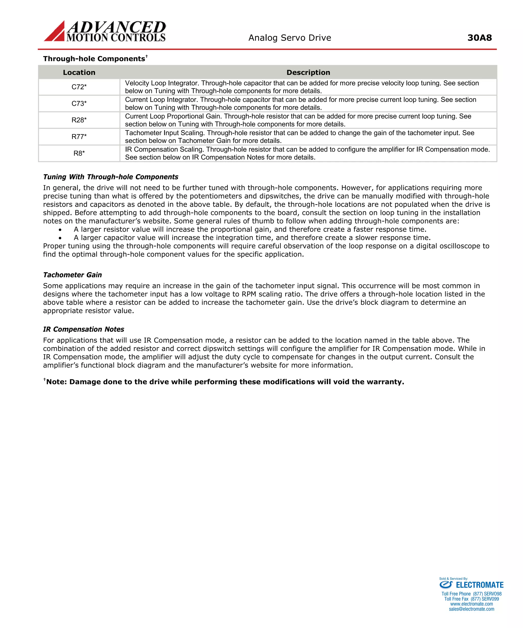 Analog Servo Drive 30A8 
Through-hole Components† 
Location 
Description 
C72* 
Velocity Loop Integrator. Through-hole capacitor that can be added for more precise velocity loop tuning. See section below on Tuning with Through-hole components for more details. 
C73* 
Current Loop Integrator. Through-hole capacitor that can be added for more precise current loop tuning. See section below on Tuning with Through-hole components for more details. 
R28* 
Current Loop Proportional Gain. Through-hole resistor that can be added for more precise current loop tuning. See section below on Tuning with Through-hole components for more details. 
R77* 
Tachometer Input Scaling. Through-hole resistor that can be added to change the gain of the tachometer input. See section below on Tachometer Gain for more details. 
R8* 
IR Compensation Scaling. Through-hole resistor that can be added to configure the amplifier for IR Compensation mode. See section below on IR Compensation Notes for more details. 
Tuning With Through-hole Components 
In general, the drive will not need to be further tuned with through-hole components. However, for applications requiring more precise tuning than what is offered by the potentiometers and dipswitches, the drive can be manually modified with through-hole resistors and capacitors as denoted in the above table. By default, the through-hole locations are not populated when the drive is shipped. Before attempting to add through-hole components to the board, consult the section on loop tuning in the installation notes on the manufacturer’s website. Some general rules of thumb to follow when adding through-hole components are: 
• A larger resistor value will increase the proportional gain, and therefore create a faster response time. 
• A larger capacitor value will increase the integration time, and therefore create a slower response time. 
Proper tuning using the through-hole components will require careful observation of the loop response on a digital oscilloscope to find the optimal through-hole component values for the specific application. 
Tachometer Gain 
Some applications may require an increase in the gain of the tachometer input signal. This occurrence will be most common in designs where the tachometer input has a low voltage to RPM scaling ratio. The drive offers a through-hole location listed in the above table where a resistor can be added to increase the tachometer gain. Use the drive’s block diagram to determine an appropriate resistor value. 
IR Compensation Notes 
For applications that will use IR Compensation mode, a resistor can be added to the location named in the table above. The combination of the added resistor and correct dipswitch settings will configure the amplifier for IR Compensation mode. While in IR Compensation mode, the amplifier will adjust the duty cycle to compensate for changes in the output current. Consult the amplifier’s functional block diagram and the manufacturer’s website for more information. 
†Note: Damage done to the drive while performing these modifications will void the warranty. 
ELECTROMATE 
Toll Free Phone (877) SERVO98 
Toll Free Fax (877) SERV099 
www.electromate.com 
sales@electromate.com 
Sold & Serviced By: 
 