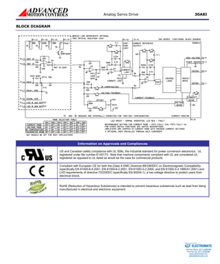 Analog Servo Drive 30A8I 
BLOCK DIAGRAM 
Information on Approvals and Compliances 
US and Canadian safety compliance with UL 508c, the industrial standard for power conversion electronics. UL registered under file number E140173. Note that machine components compliant with UL are considered UL registered as opposed to UL listed as would be the case for commercial products. 
Compliant with European CE for both the Class A EMC Directive 89/336/EEC on Electromagnetic Compatibility (specifically EN 61000-6-4:2001, EN 61000-6-2:2001, EN 61000-3-2:2000, and EN 61000-3-3:1995/A1:2001) and LVD requirements of directive 73/23/EEC (specifically EN 60204-1), a low voltage directive to protect users from electrical shock. 
RoHS (Reduction of Hazardous Substances) is intended to prevent hazardous substances such as lead from being manufactured in electrical and electronic equipment. 
ELECTROMATE 
Toll Free Phone (877) SERVO98 
Toll Free Fax (877) SERV099 
www.electromate.com 
sales@electromate.com 
Sold & Serviced By: 
 