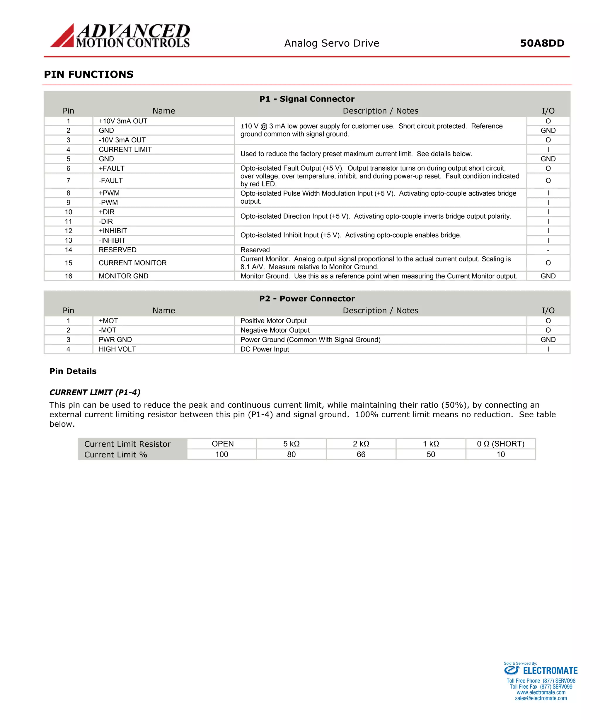 Analog Servo Drive 50A8DD 
PIN FUNCTIONS 
P1 - Signal Connector 
Pin 
Name 
Description / Notes 
I/O 
1 
+10V 3mA OUT 
O 
2 
GND 
GND 
3 
-10V 3mA OUT 
±10 V @ 3 mA low power supply for customer use. Short circuit protected. Reference ground common with signal ground. 
O 
4 
CURRENT LIMIT 
I 
5 
GND 
Used to reduce the factory preset maximum current limit. See details below. 
GND 
6 
+FAULT 
O 
7 
-FAULT 
Opto-isolated Fault Output (+5 V). Output transistor turns on during output short circuit, over voltage, over temperature, inhibit, and during power-up reset. Fault condition indicated by red LED. 
O 
8 
+PWM 
I 
9 
-PWM 
Opto-isolated Pulse Width Modulation Input (+5 V). Activating opto-couple activates bridge output. 
I 
10 
+DIR 
I 
11 
-DIR 
Opto-isolated Direction Input (+5 V). Activating opto-couple inverts bridge output polarity. 
I 
12 
+INHIBIT 
I 
13 
-INHIBIT 
Opto-isolated Inhibit Input (+5 V). Activating opto-couple enables bridge. 
I 
14 
RESERVED 
Reserved 
- 
15 
CURRENT MONITOR 
Current Monitor. Analog output signal proportional to the actual current output. Scaling is 8.1 A/V. Measure relative to Monitor Ground. 
O 
16 
MONITOR GND 
Monitor Ground. Use this as a reference point when measuring the Current Monitor output. 
GND 
P2 - Power Connector 
Pin 
Name 
Description / Notes 
I/O 
1 
+MOT 
Positive Motor Output 
O 
2 
-MOT 
Negative Motor Output 
O 
3 
PWR GND 
Power Ground (Common With Signal Ground) 
GND 
4 
HIGH VOLT 
DC Power Input 
I 
Pin Details 
CURRENT LIMIT (P1-4) 
This pin can be used to reduce the peak and continuous current limit, while maintaining their ratio (50%), by connecting an external current limiting resistor between this pin (P1-4) and signal ground. 100% current limit means no reduction. See table below. 
Current Limit Resistor 
OPEN 
5 kΩ 
2 kΩ 
1 kΩ 
0 Ω (SHORT) 
Current Limit % 
100 
80 
66 
50 
10 
ELECTROMATE 
Toll Free Phone (877) SERVO98 
Toll Free Fax (877) SERV099 
www.electromate.com 
sales@electromate.com 
Sold & Serviced By: 
 
